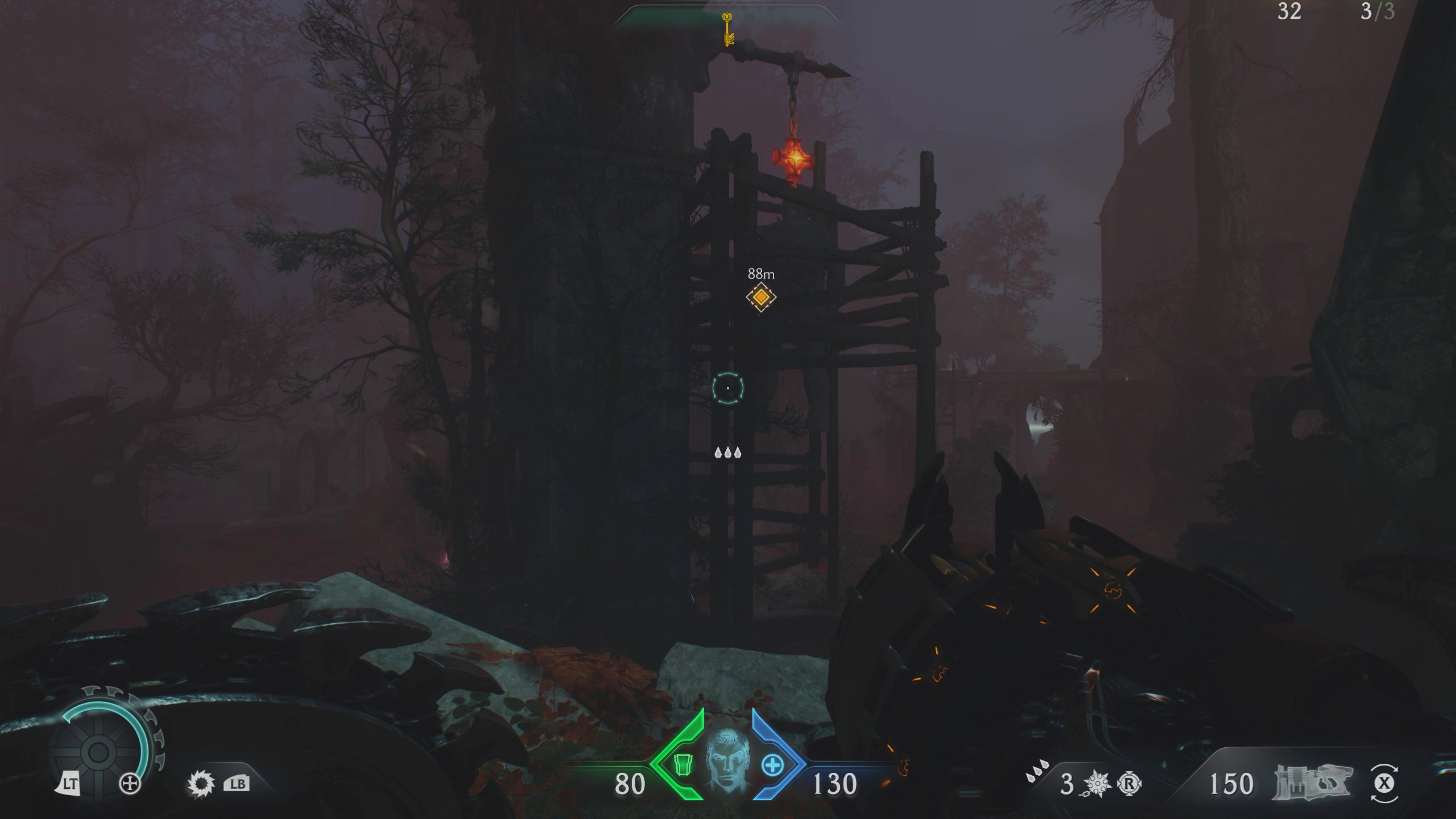 Doom: The Dark Ages Abyssal Forest secrets - A hanging statue above a wooden hatch in a dark forest.