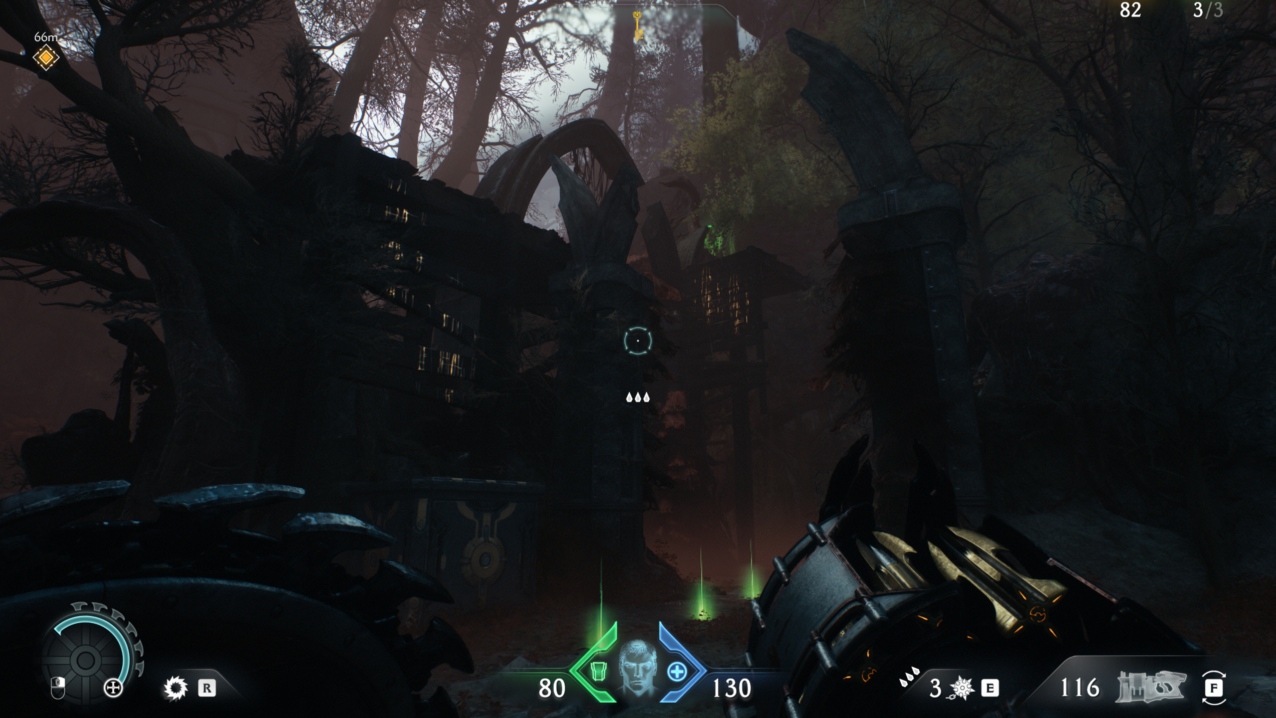Doom: The Dark Ages Abyssal Forest secrets - Various climbing walls leading to a life sigil in a dark forest.