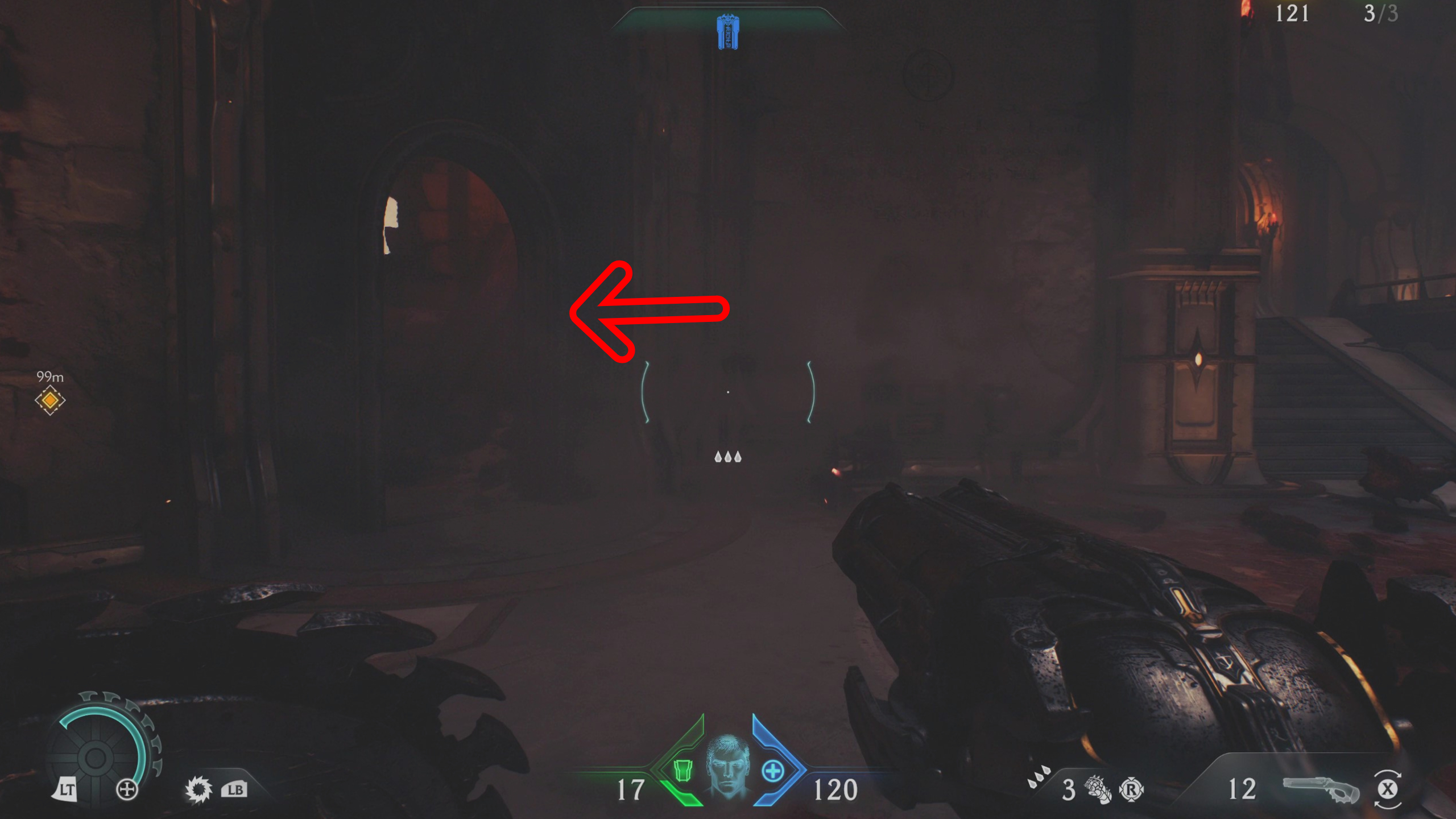 Doom: The Dark Ages Holy City of Aratum secrets - An arrow pointing towards a doorway in a castle, near to a staircase.