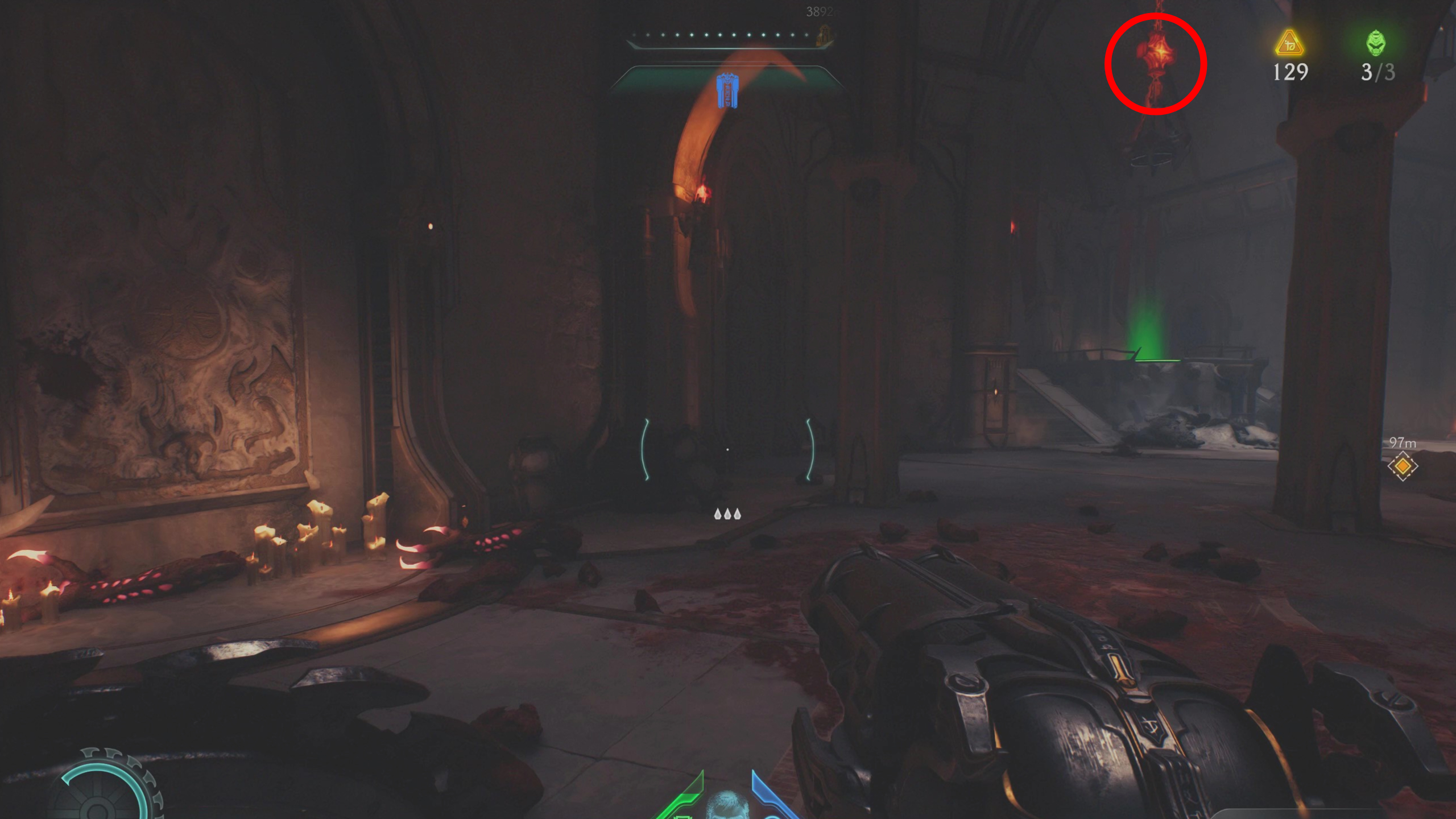 Doom: The Dark Ages Holy City of Aratum secrets - A lock holding a chandelier above a pressure plate inside a castle hallway.