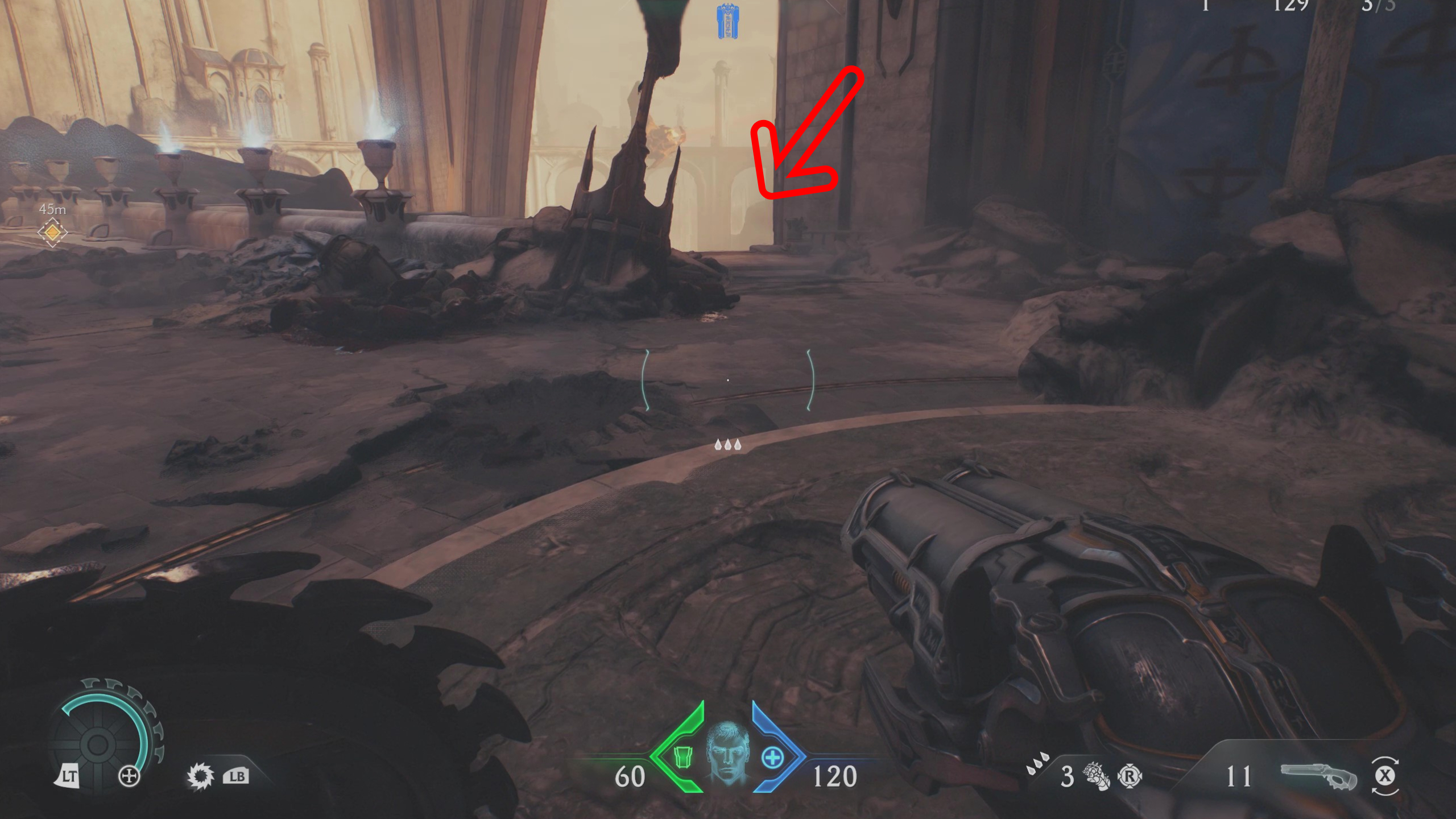 Doom: The Dark Ages Holy City of Aratum secrets - An arrow pointing to a path hidden of a ledge to the side of a bridge.