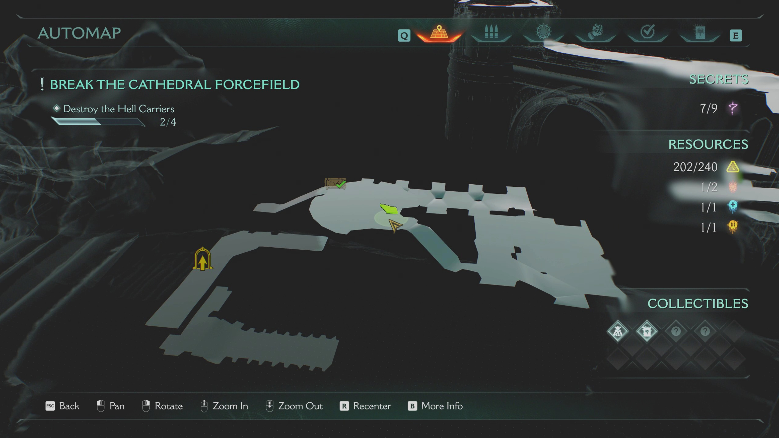 Doom: The Dark Ages Holy City of Aratum secrets - A map highlighting the location of a gold chest in a bloody arena aboard a ship.