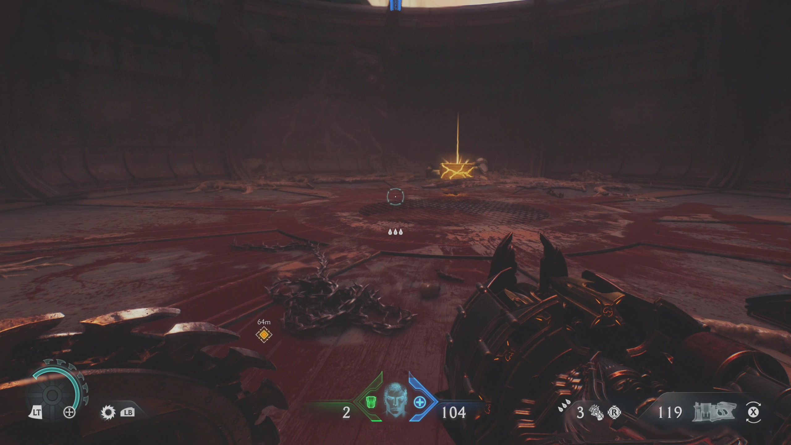 Doom: The Dark Ages Holy City of Aratum secrets - A gold chest in a bloody arena.