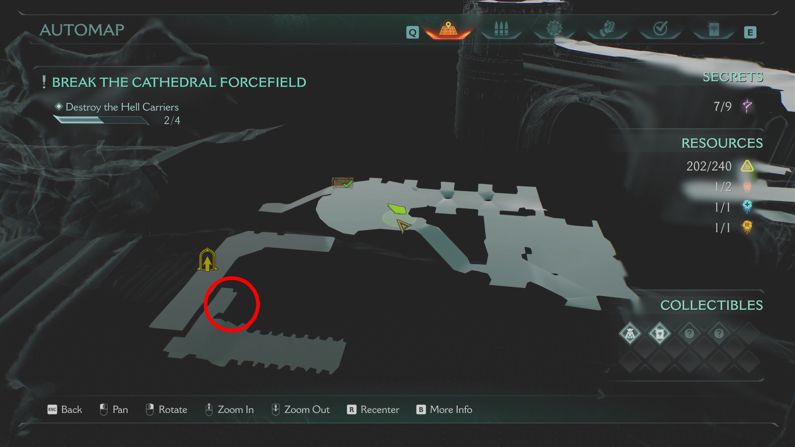 Doom: The Dark Ages Holy City of Aratum secrets - A map highlighting the location of a codex entry at the bottom of a hell carrier ship.