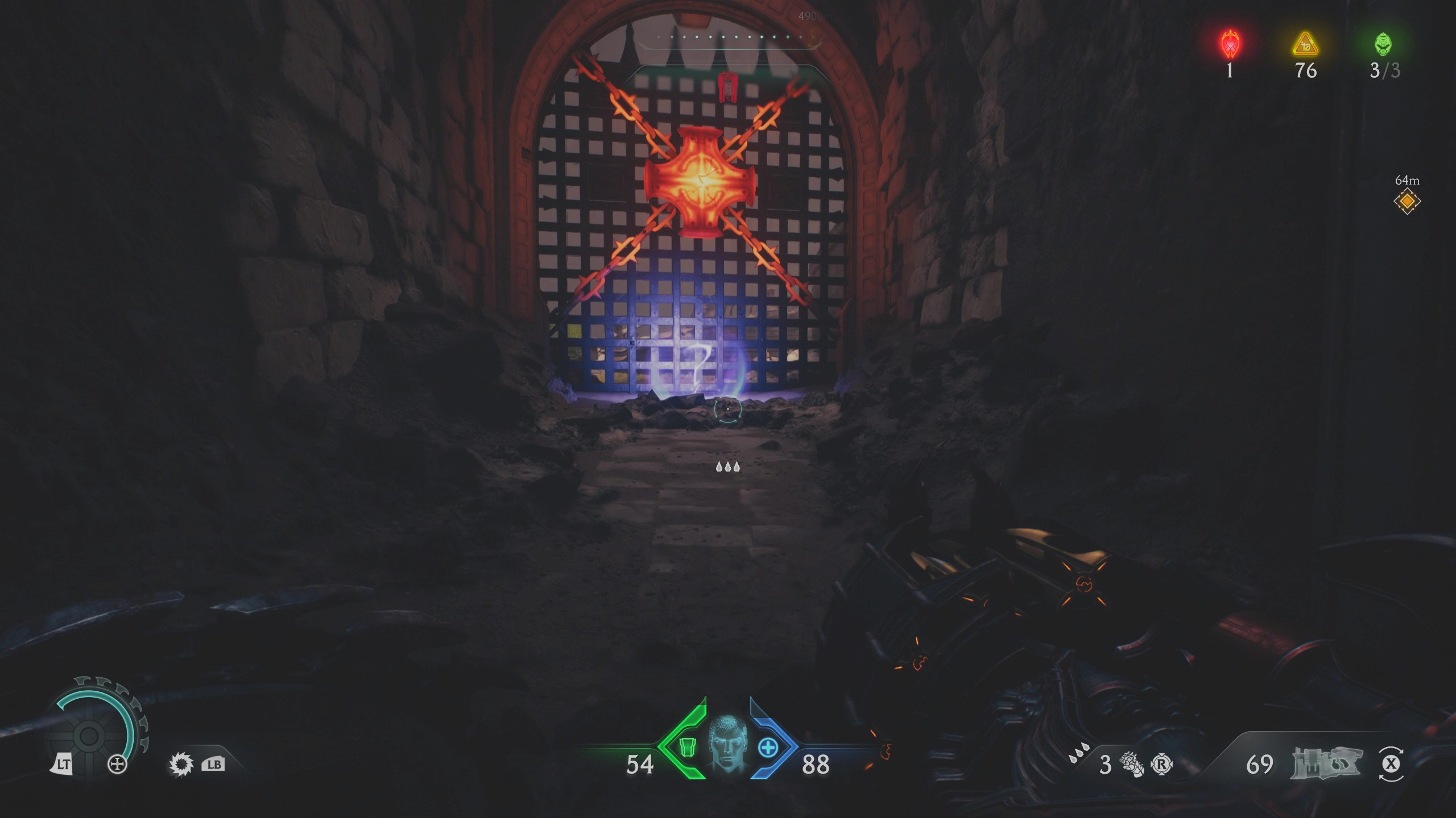 Doom: The Dark Ages Holy City of Aratum secrets - A question mark collectible item near a locked gate.