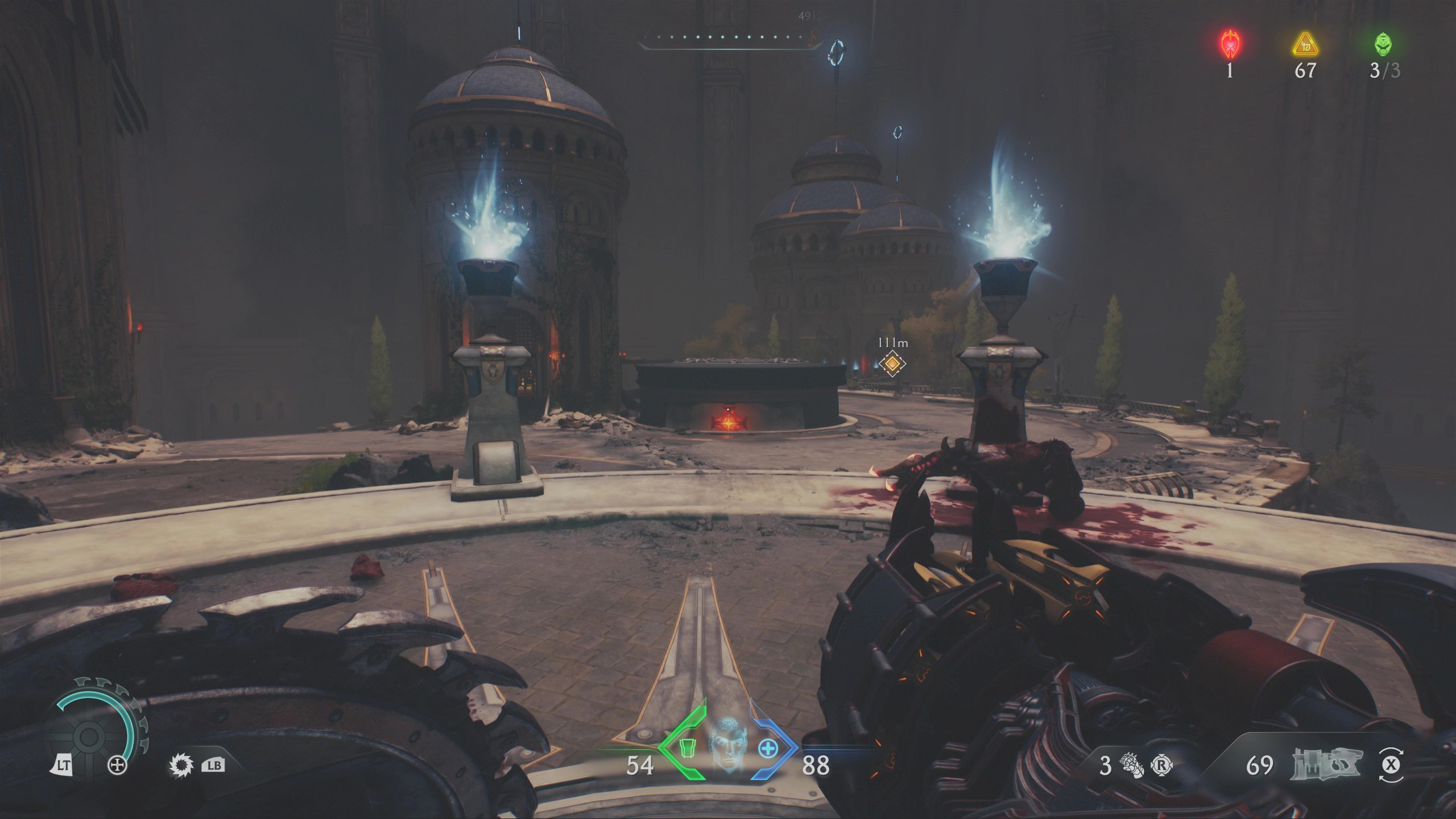 Doom: The Dark Ages Holy City of Aratum secrets - A lock jutting out from a circular platform in the ground, with various towers in the background.