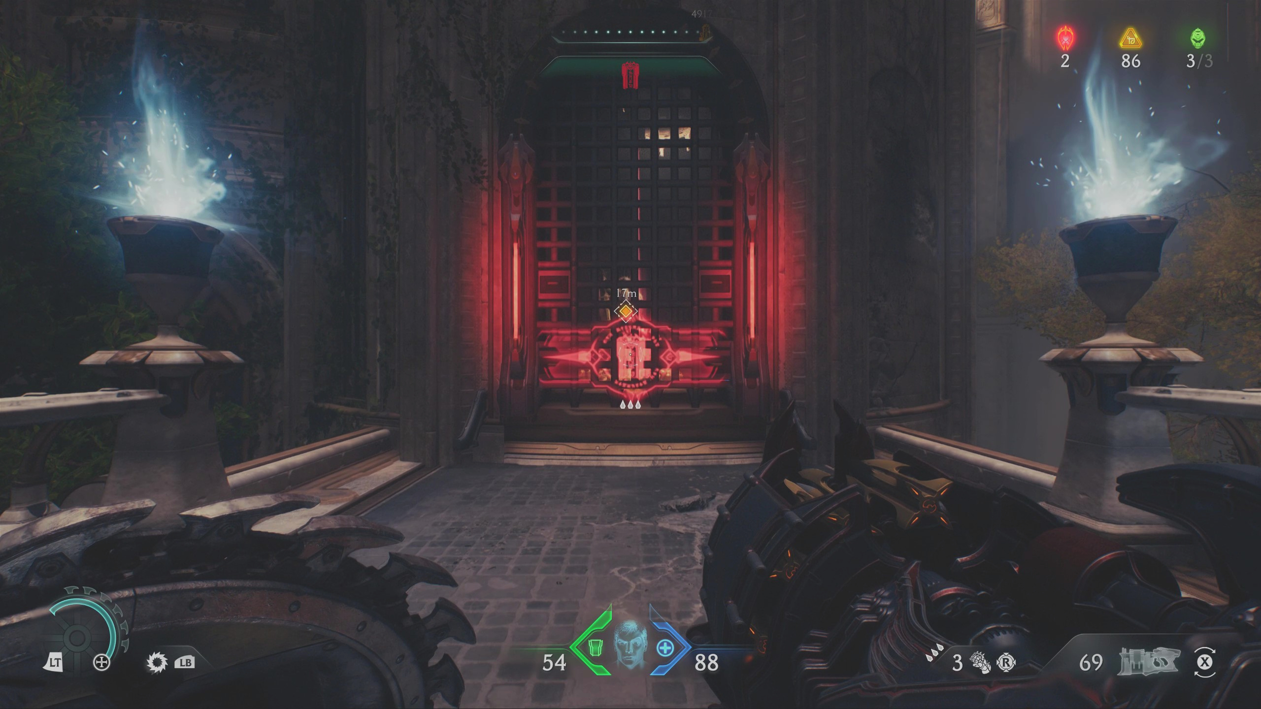 Doom: The Dark Ages Holy City of Aratum secrets - A locked gate requiring a red keycard.