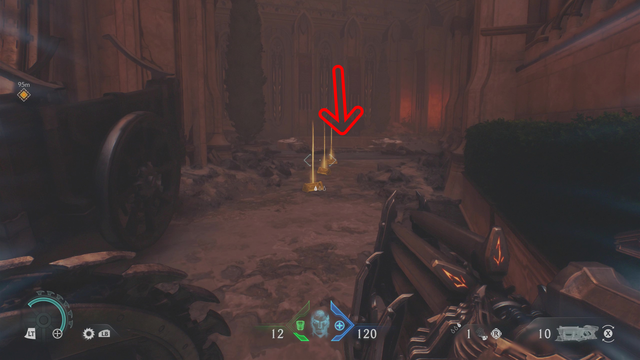 Doom: The Dark Ages Holy City of Aratum secrets - An arrow pointing down a well tucked between two buildings.