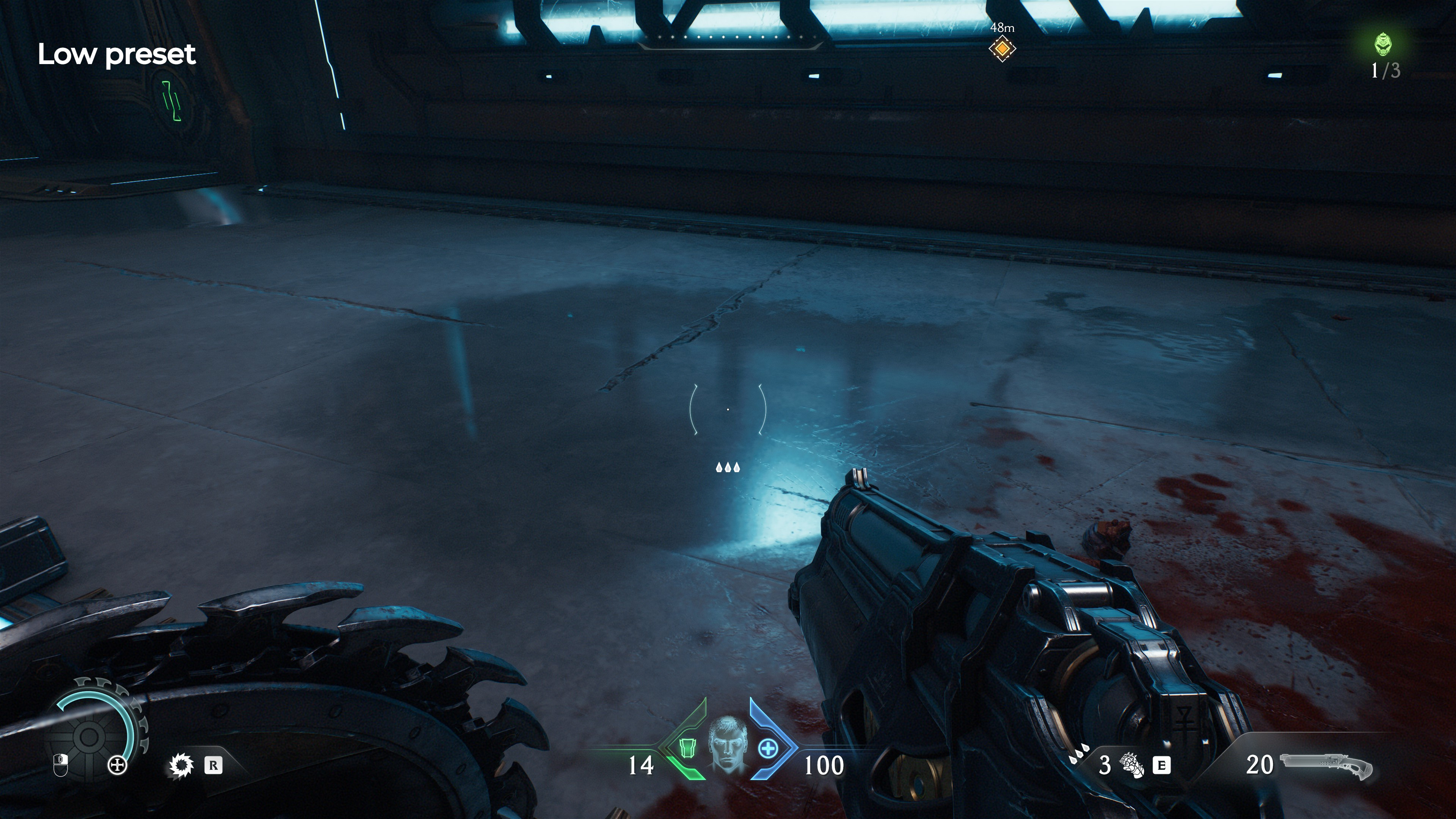 A screenshot of the PC version of Doom: The Dark Ages, showing the quality of ray-traced reflections using the Low preset