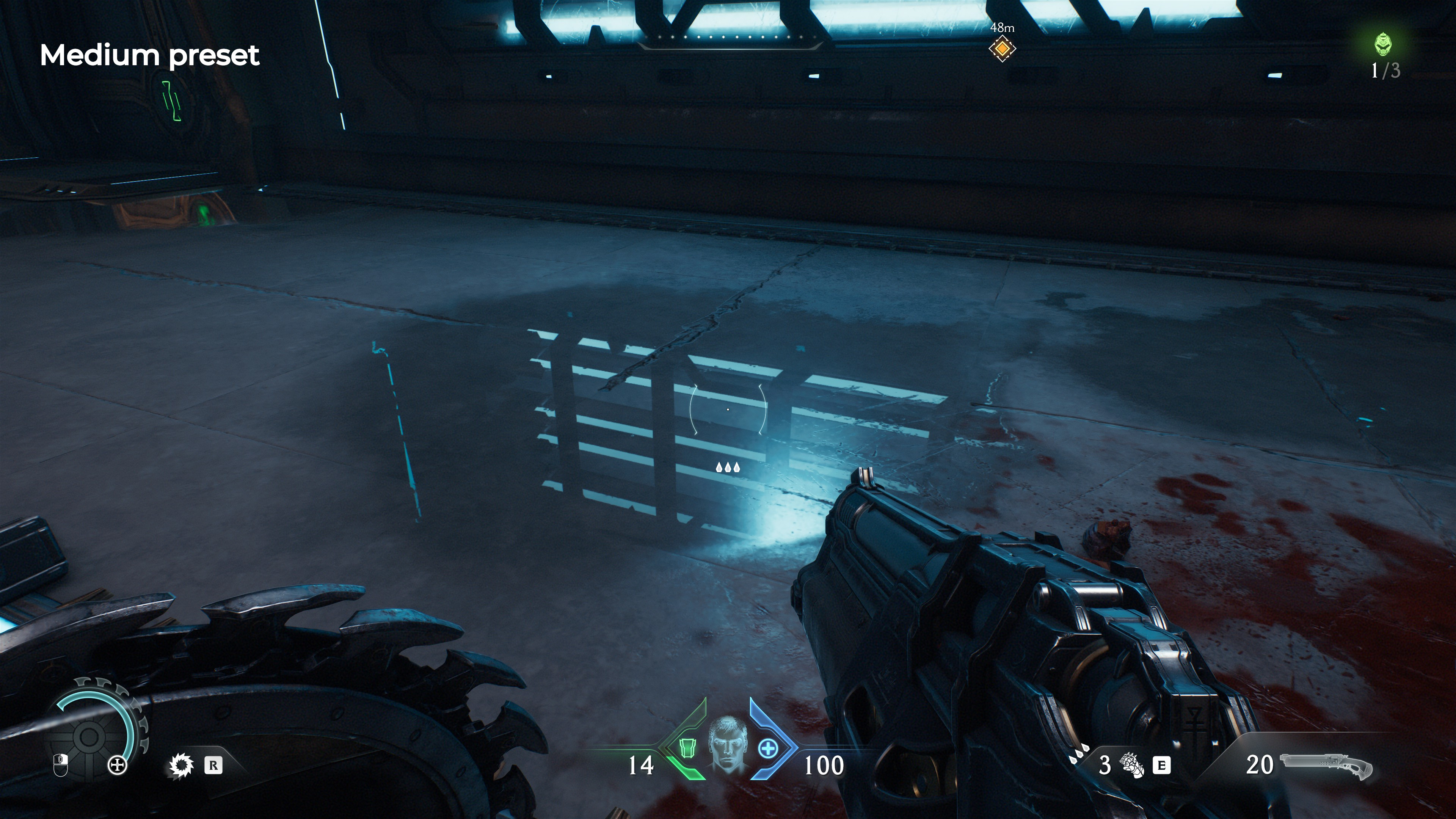 A screenshot of the PC version of Doom: The Dark Ages, showing the quality of ray-traced reflections using the Medium preset