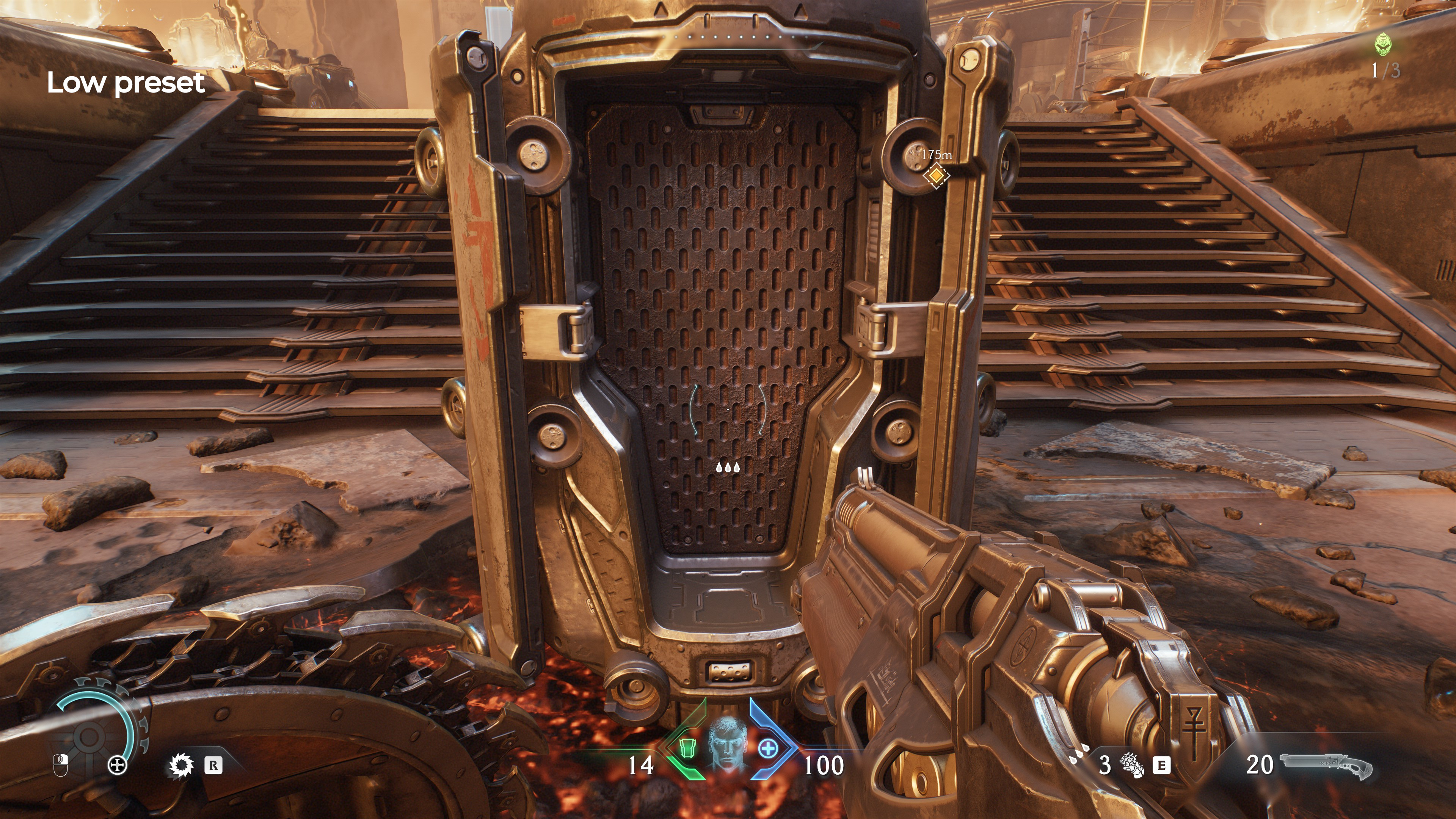 A screenshot of the PC version of Doom: The Dark Ages, showing the level of shadowing, lighting, and texturing with the Low preset