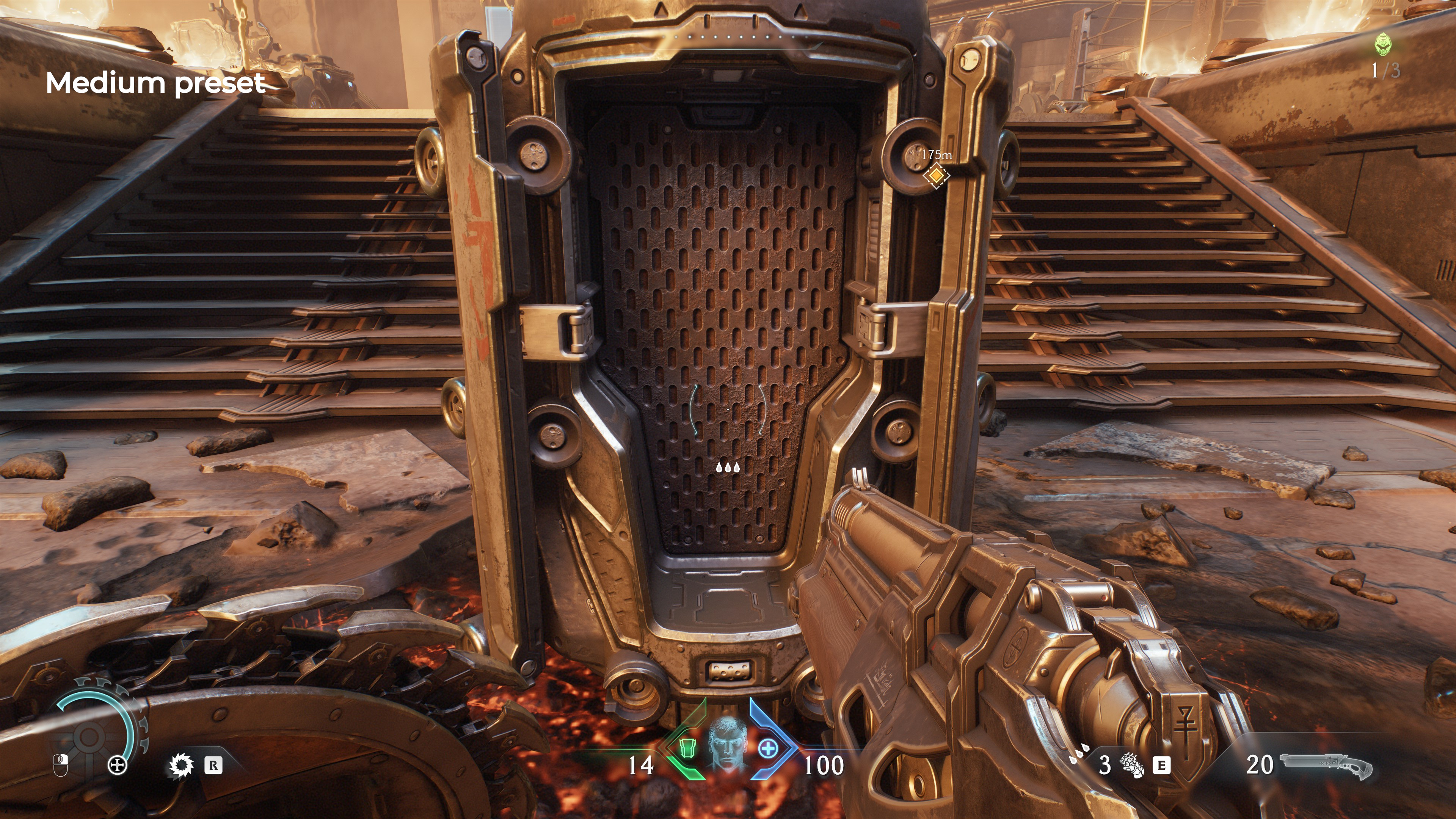 A screenshot of the PC version of Doom: The Dark Ages, showing the level of shadowing, lighting, and texturing with the Medium preset