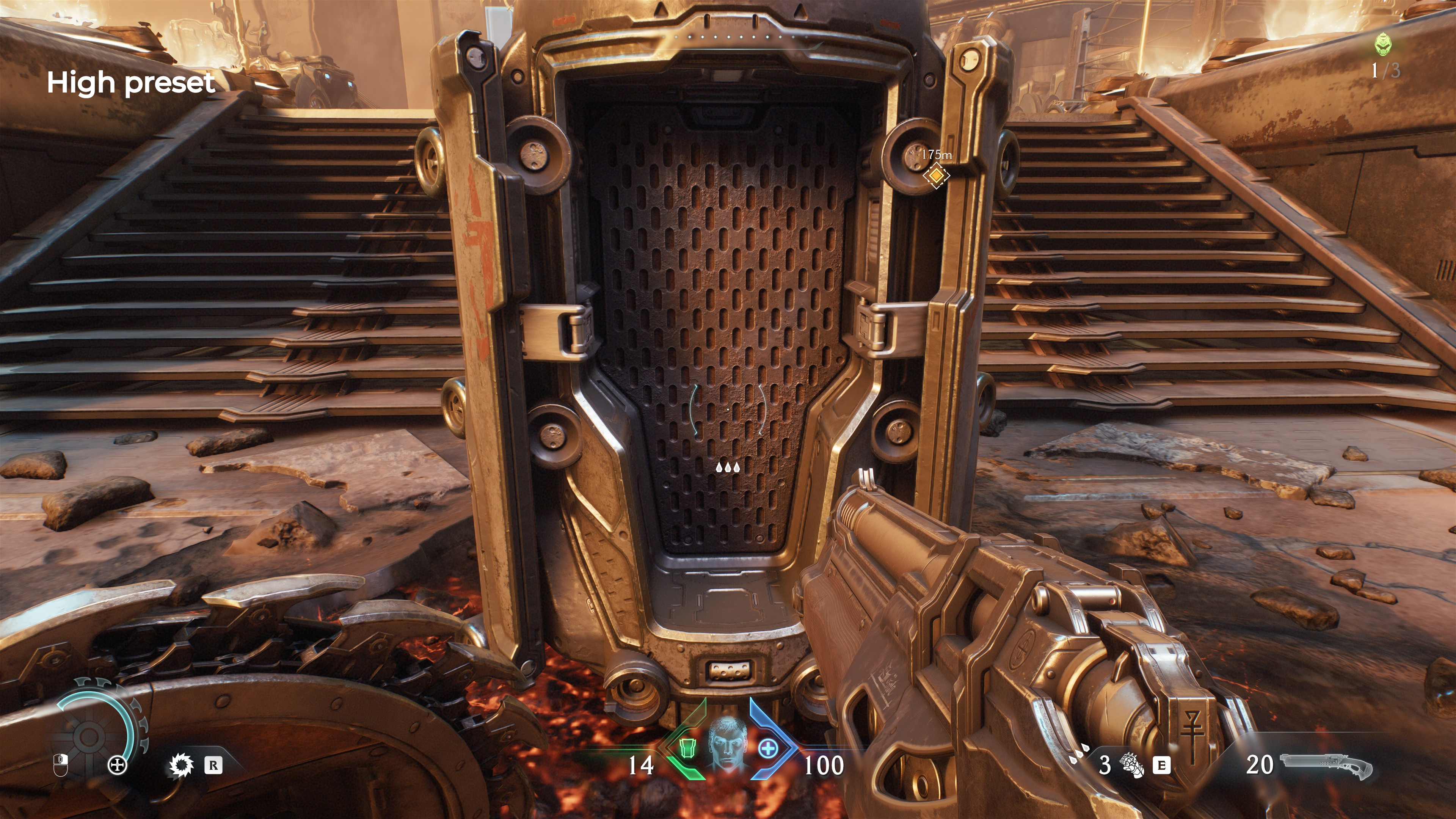 A screenshot of the PC version of Doom: The Dark Ages, showing the level of shadowing, lighting, and texturing with the High preset