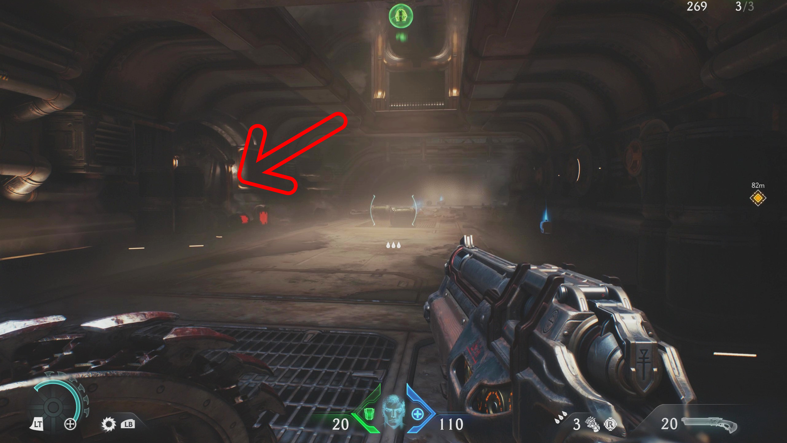 Doom: The Dark Ages Sentinel Barracks secrets - A smoky corridor with an arrow pointing towards a hidden doorway on the left.