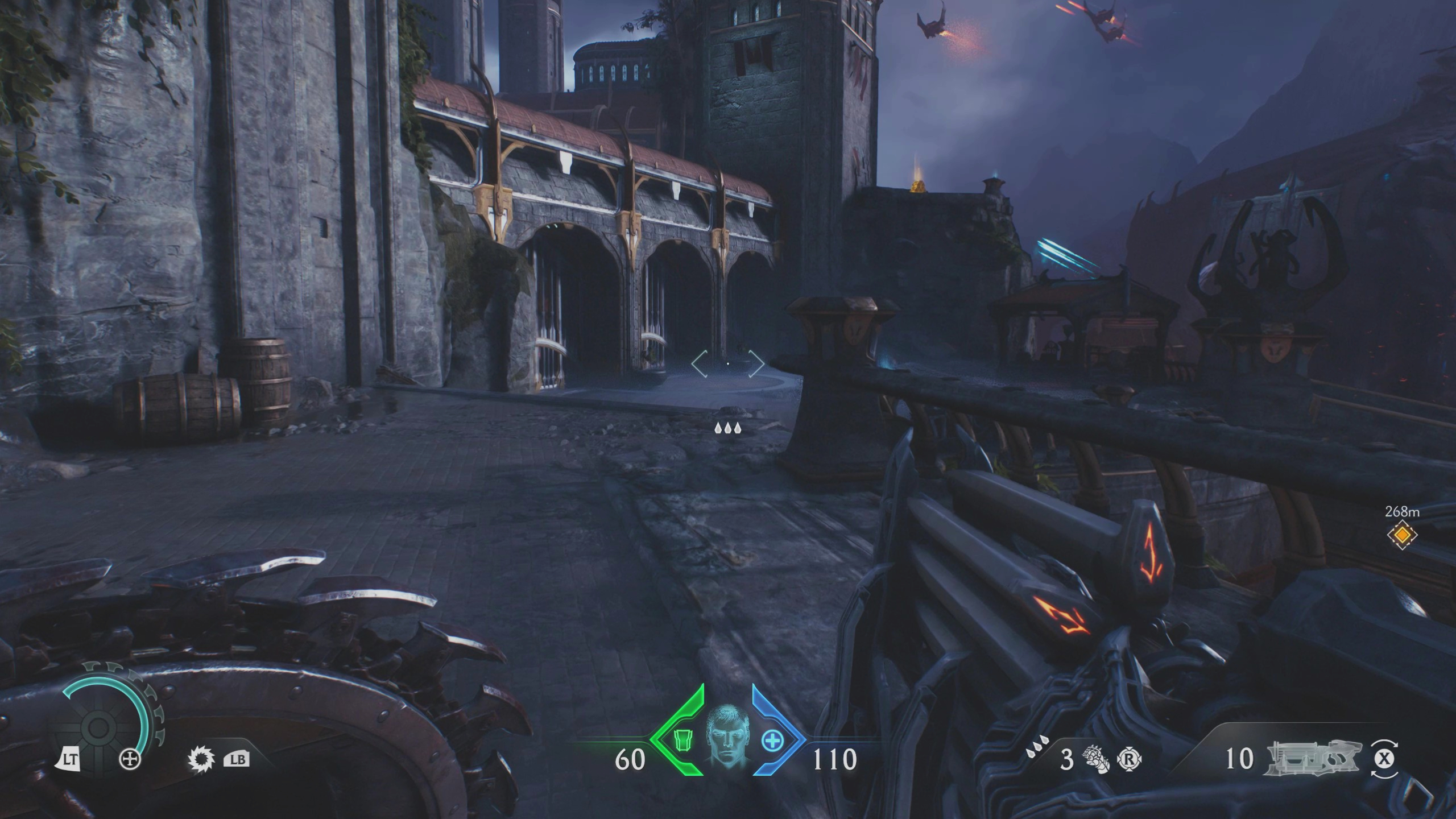 Doom: The Dark Ages Sentinel Barracks secrets - A castle wall with a row of locked gates blocking a courtyard.