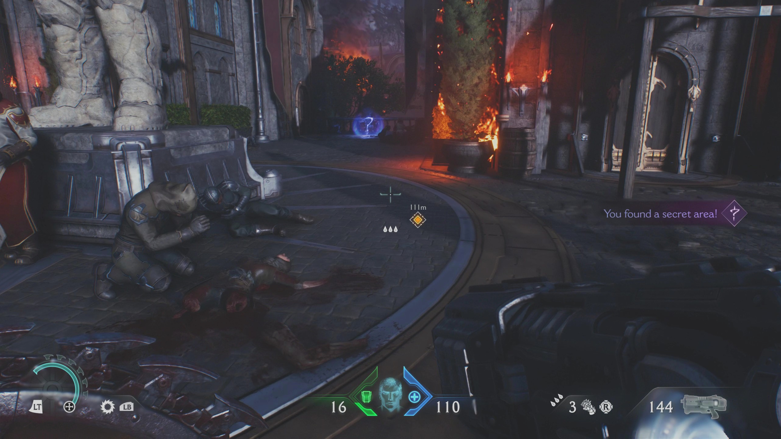 Doom: The Dark Ages Sentinel Barracks secrets - A question mark collectible icon on a ledge, between two burning buildings.