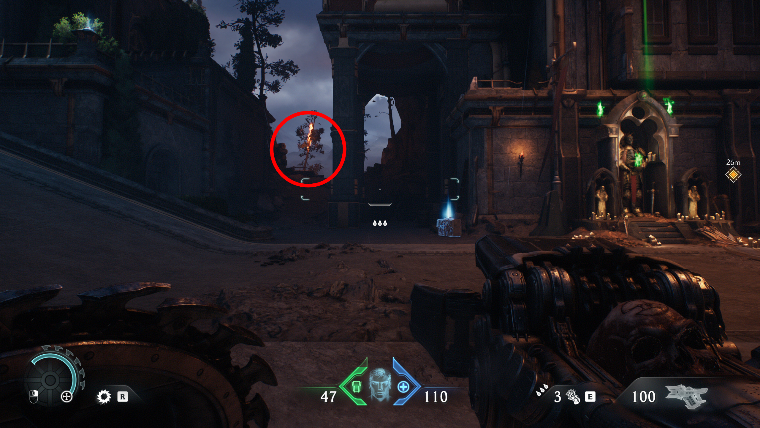 Doom: The Dark Ages Sentinel Barracks secrets - A codex next to a burning tree down an alley.