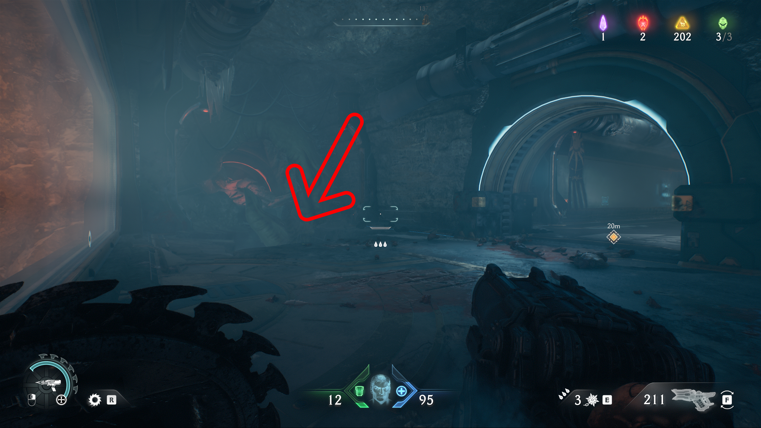 Doom: The Dark Ages Chapter 12 secrets - An arrow pointing to a hard-to-spot hole in the ground next to a doorway inside the Sentinel Command Station.