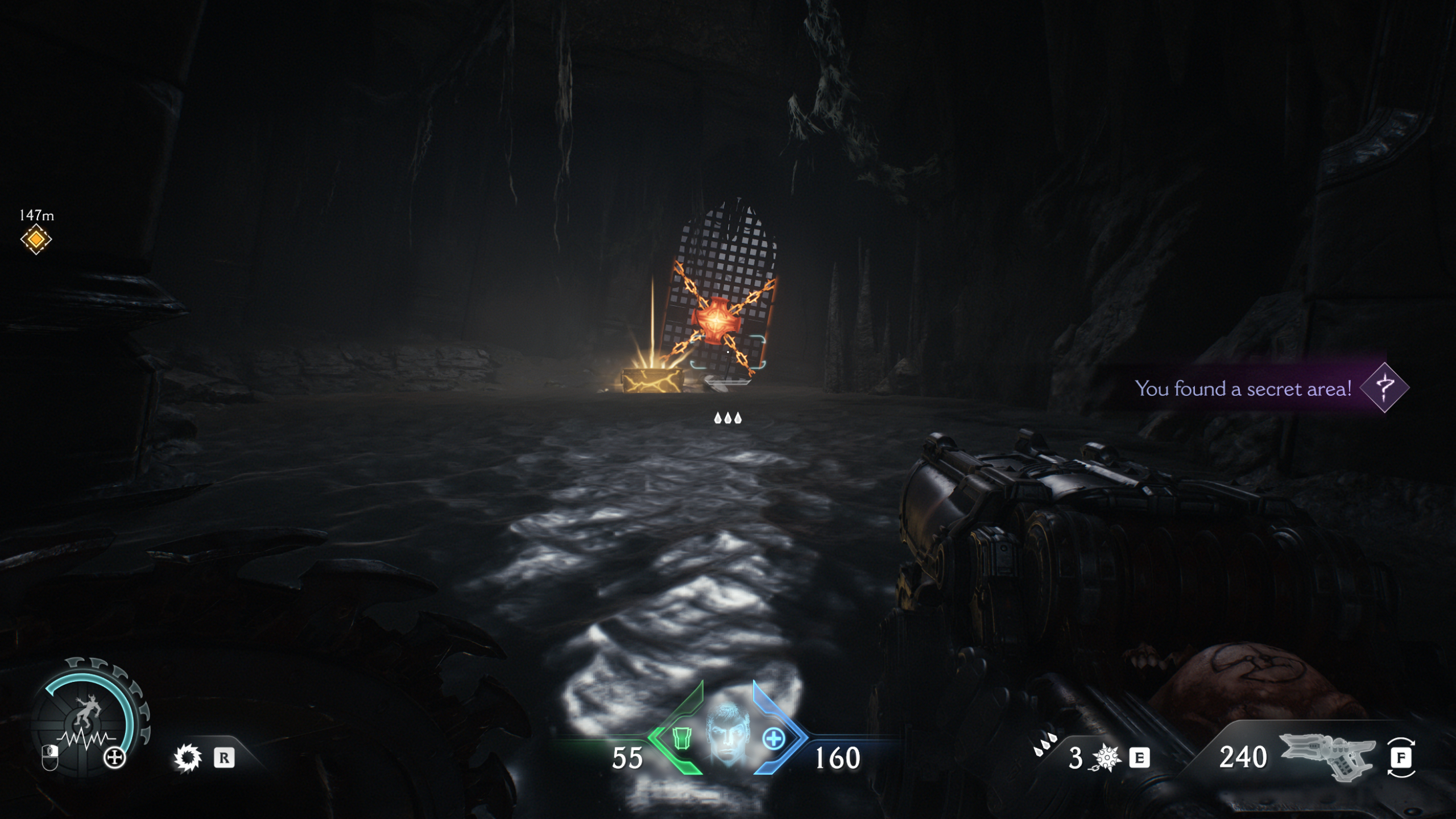 Doom: The Dark Ages Chapter 14 secrets - A gold chest next to a sealed gate inside a cave.