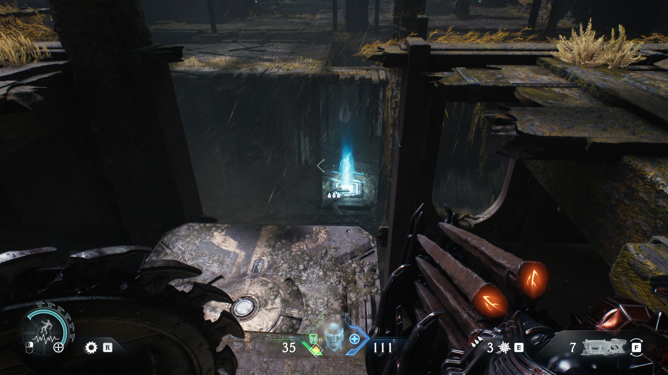 Doom: The Dark Ages Chapter 14 secrets - A jump pad at the base of the ship hull that leads up to a wooden platform with a ruby.