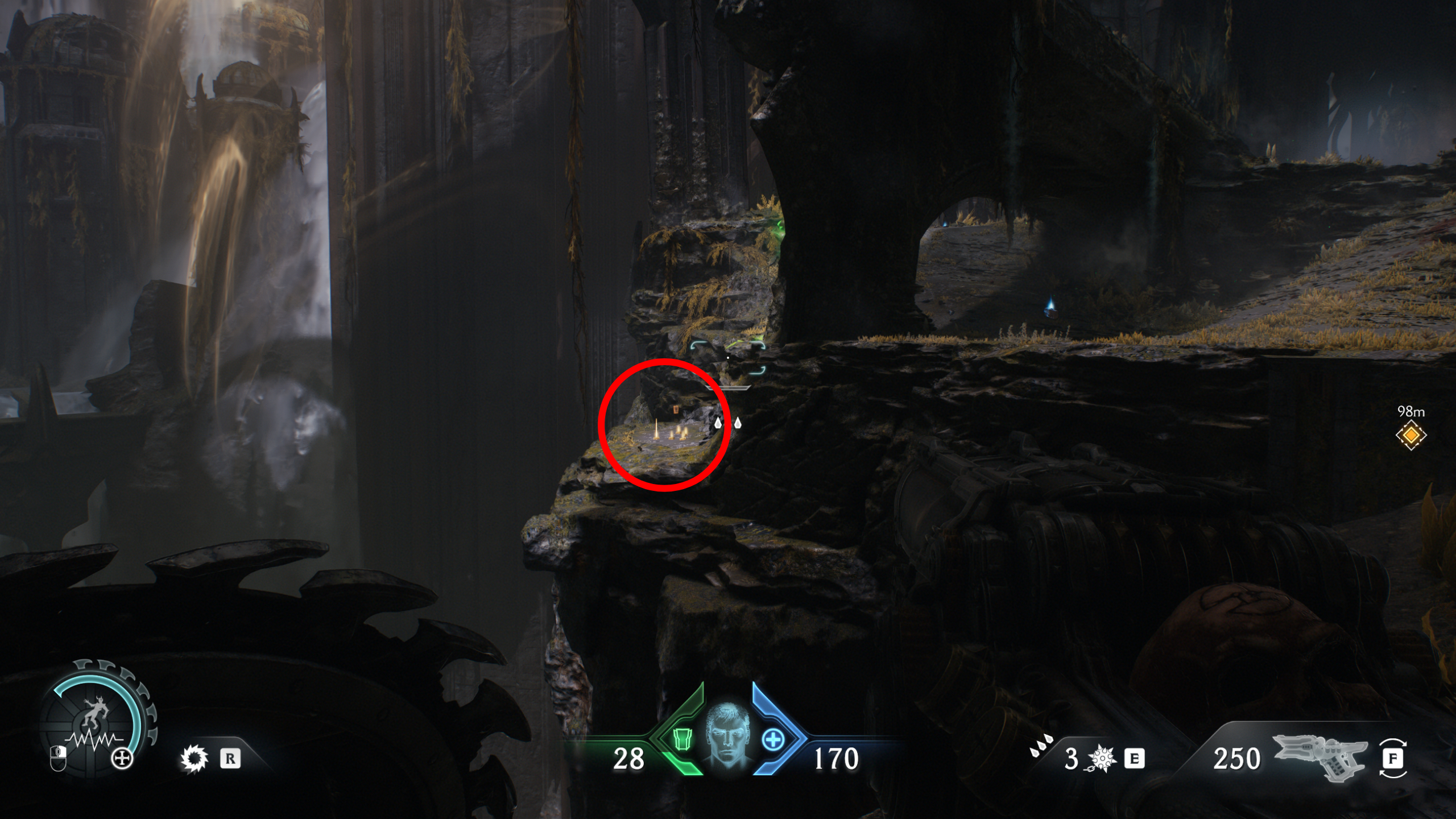Doom: The Dark Ages Chapter 14 secrets - A codex entry item on a ledge in the distance of a large cave.