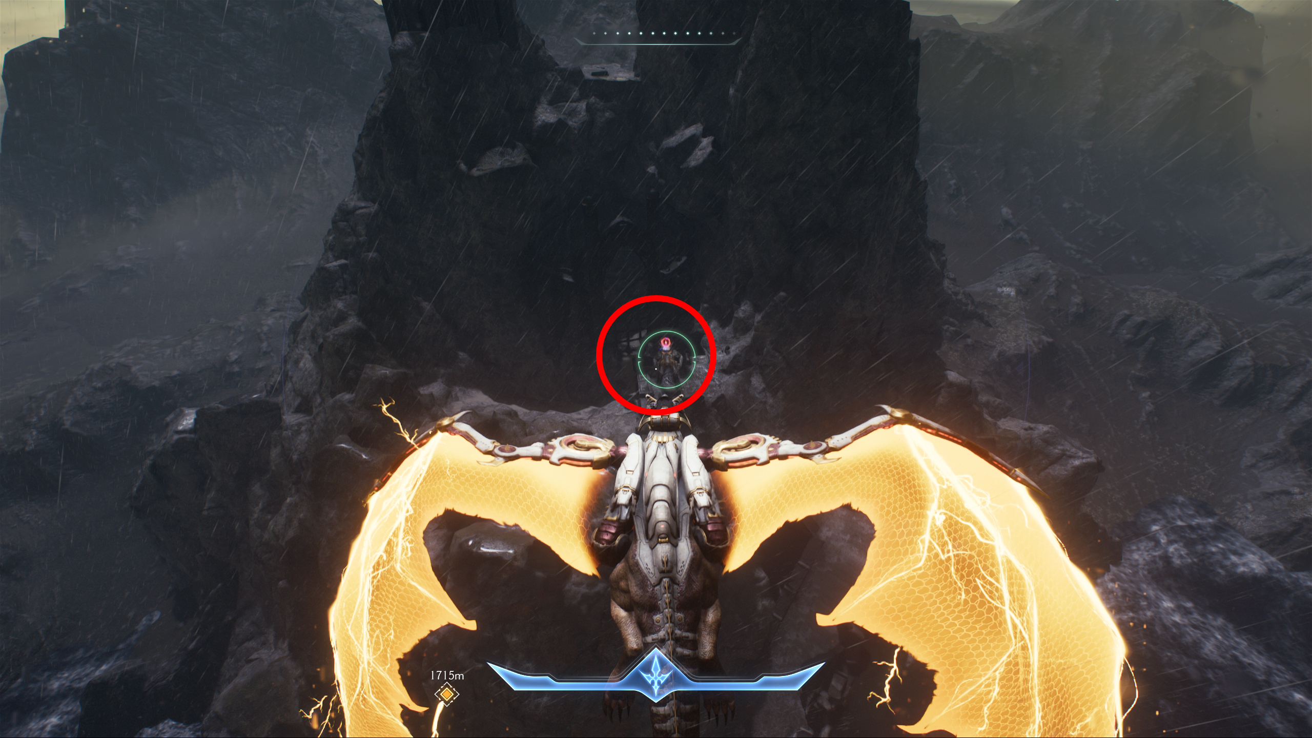 Doom: The Dark Ages Chapter 14 secrets - A circle bringing attention to a titan demon guarding a tower in the cliffs while the Doom Slayer prepares to fire on his dragon.