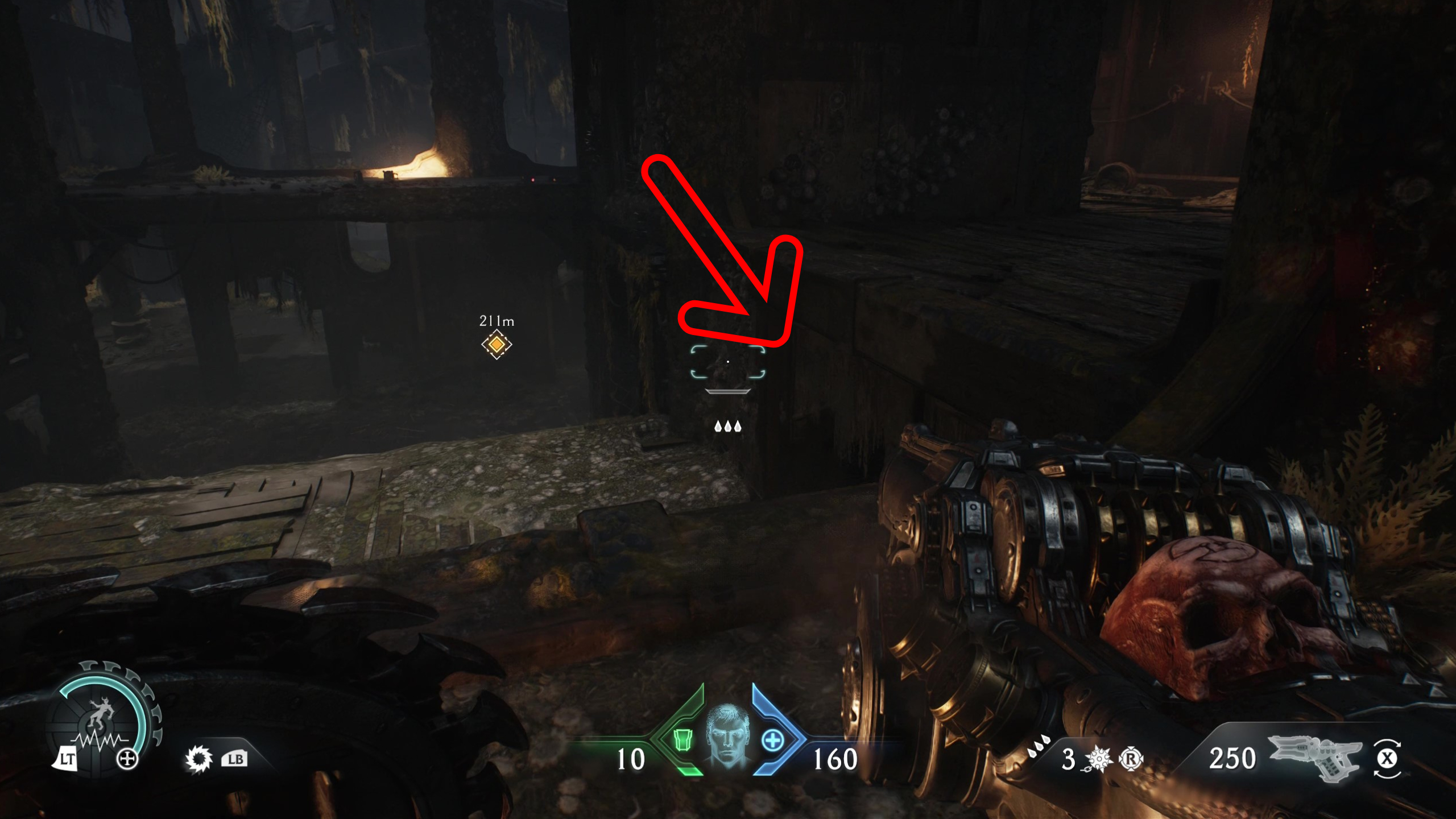 Doom: The Dark Ages Chapter 14 secrets - An arrow pointing to a small gap in the side of a wooden ship.