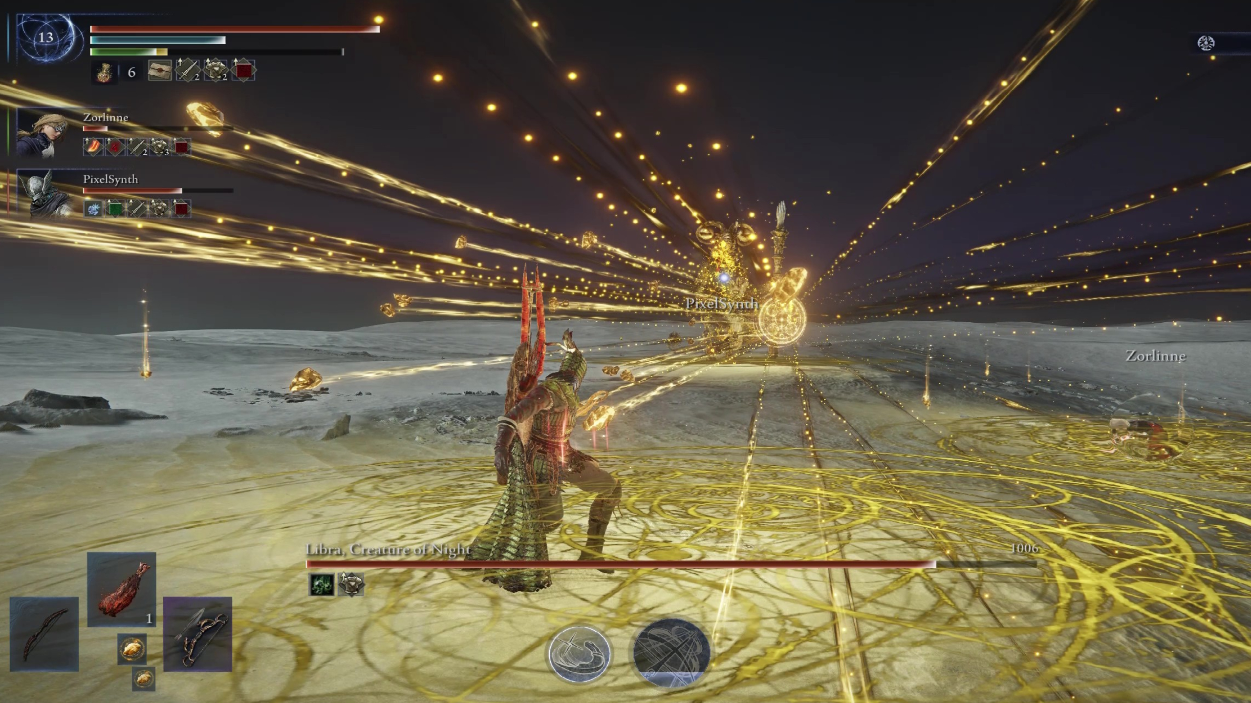 Elden Ring Nightreign Libra boss Equilibrious Beast guide: Ironeye shooting at Libra as it fires madness shards and creates dangerous glyphs on the ground.