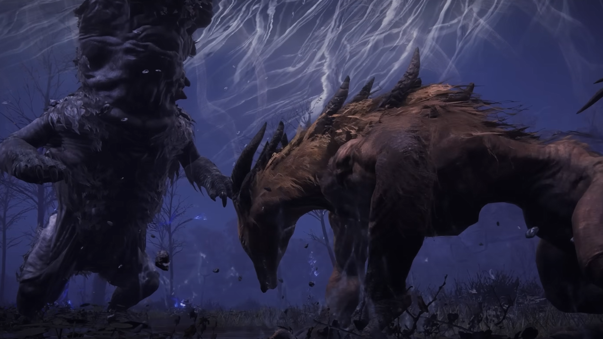 The Executor in his bestial form confronts a dread hippo in Elden Ring: Nightreign.
