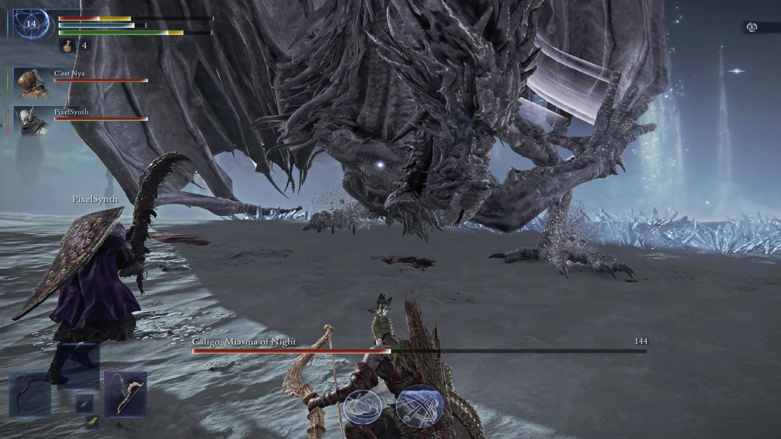 Elden Ring Nightreign Caligo boss guide: Caligo swiping its claws at an Ironeye and Wylder player.