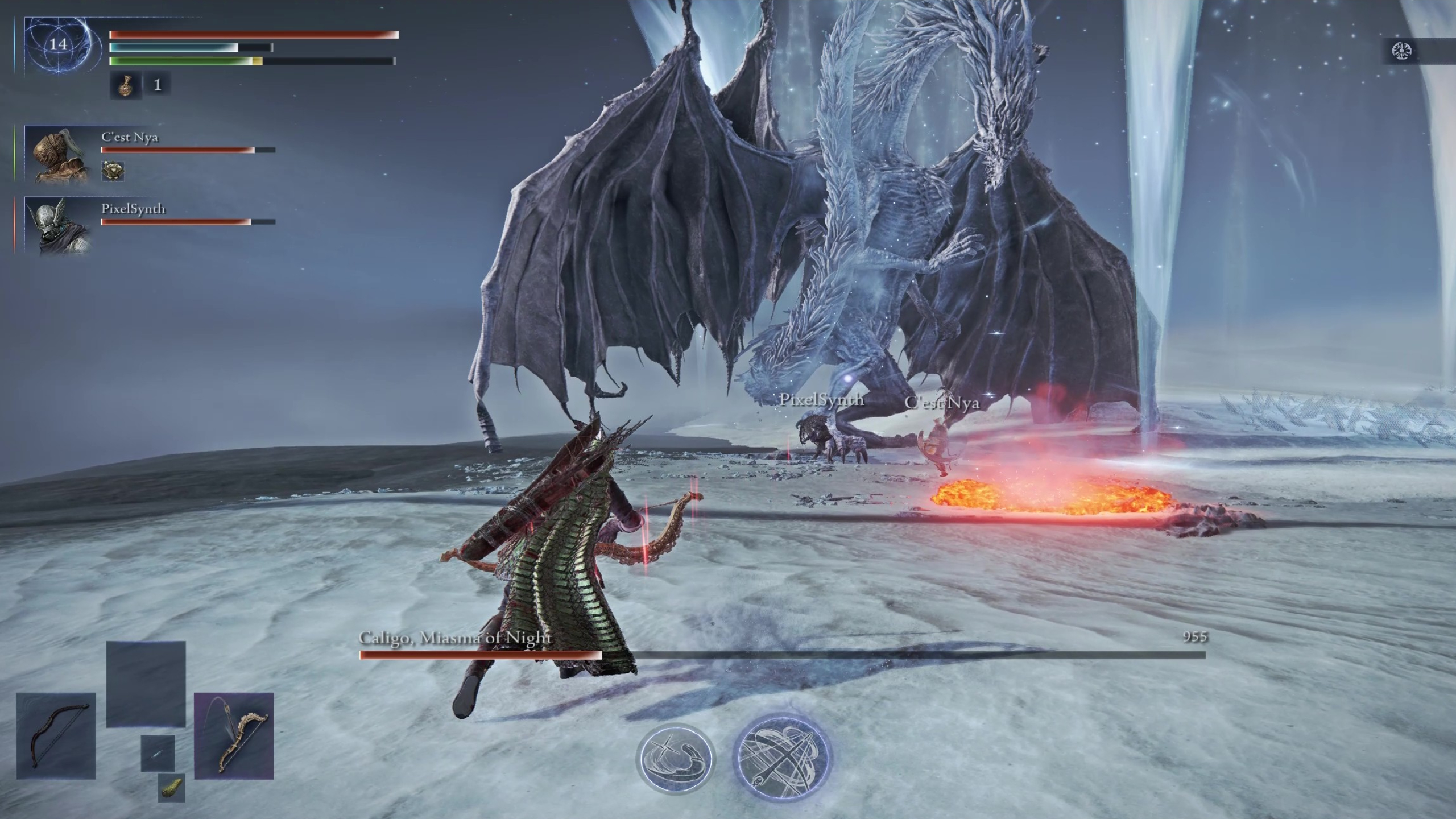 Elden Ring Nightreign Caligo boss guide: Ironeye running towards Caligo as it charges a tail whip attack while being damaged by fire.