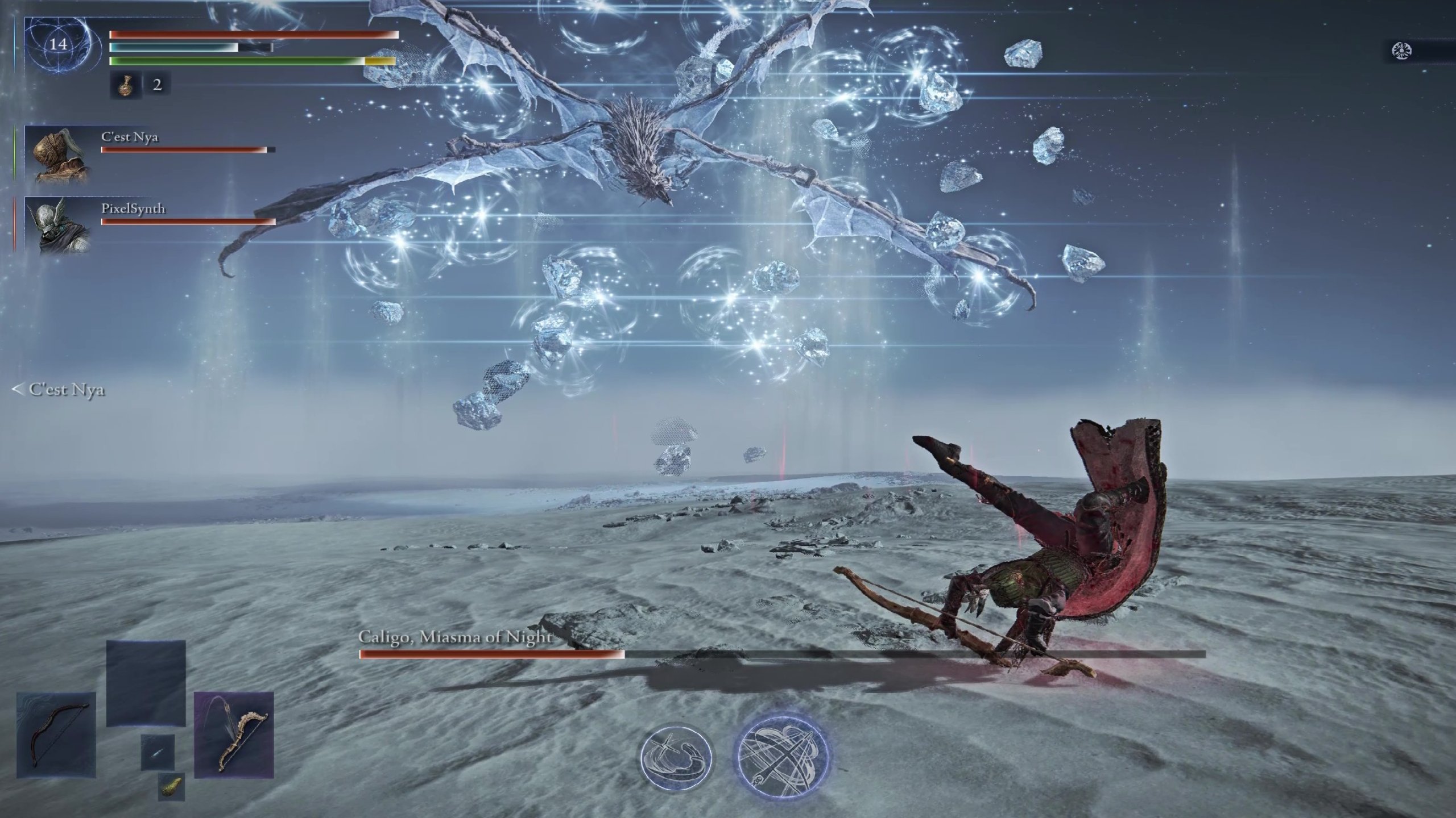Elden Ring Nightreign Caligo boss guide: Ironeye mid-dodge as Caligo charges at him firing ice bombs.