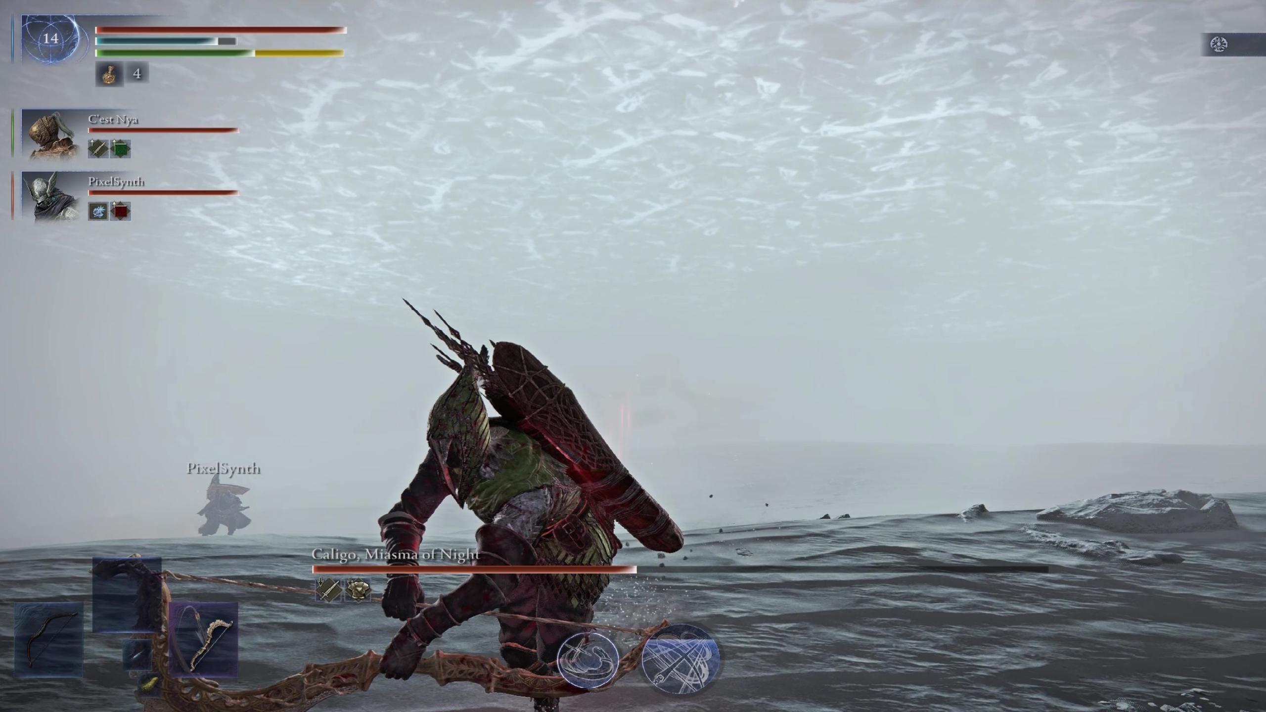 Elden Ring Nightreign Caligo boss guide: Ironeye running from Caligo, Miasma of Night's ice sheet attack.