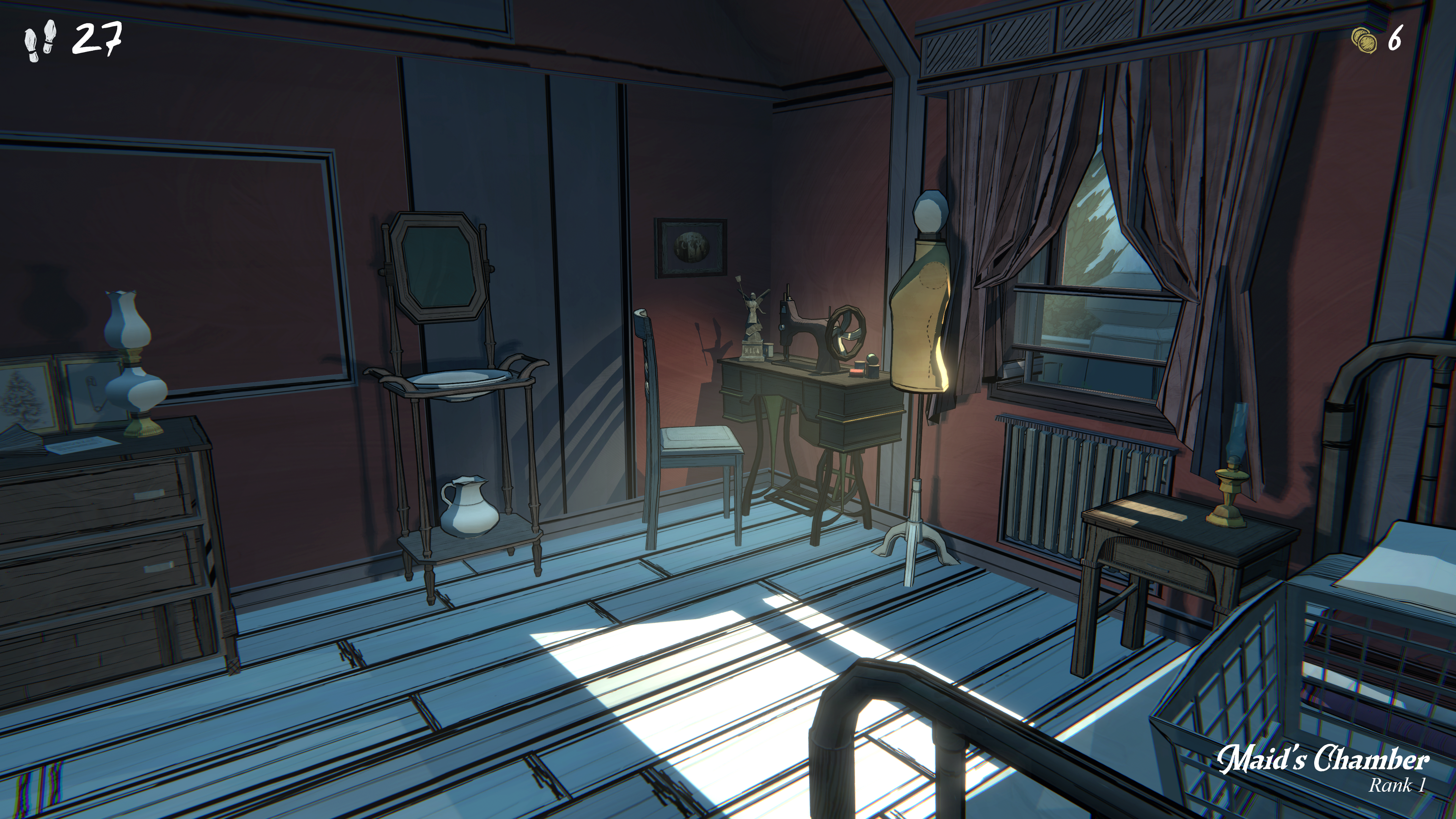 A Blue Prince screenshot showing a bedroom with sun streaming in through a window by a tailor’s dummy and sewing machine