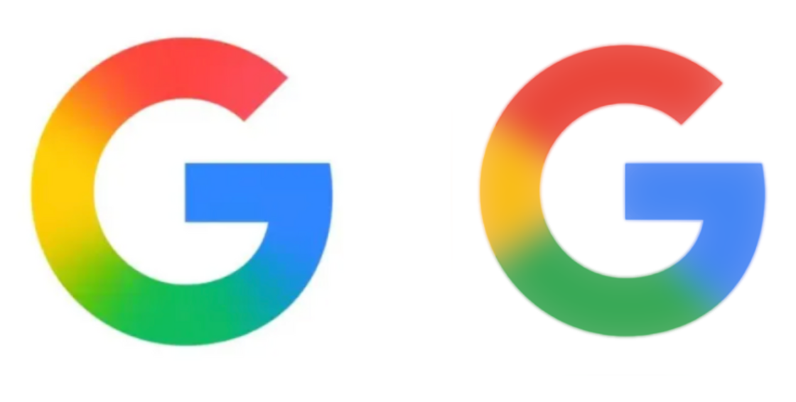 An image showing two Google logos. An official, new Google logo on the left, and an edited Google logo on the right so display the small differences between old and new.