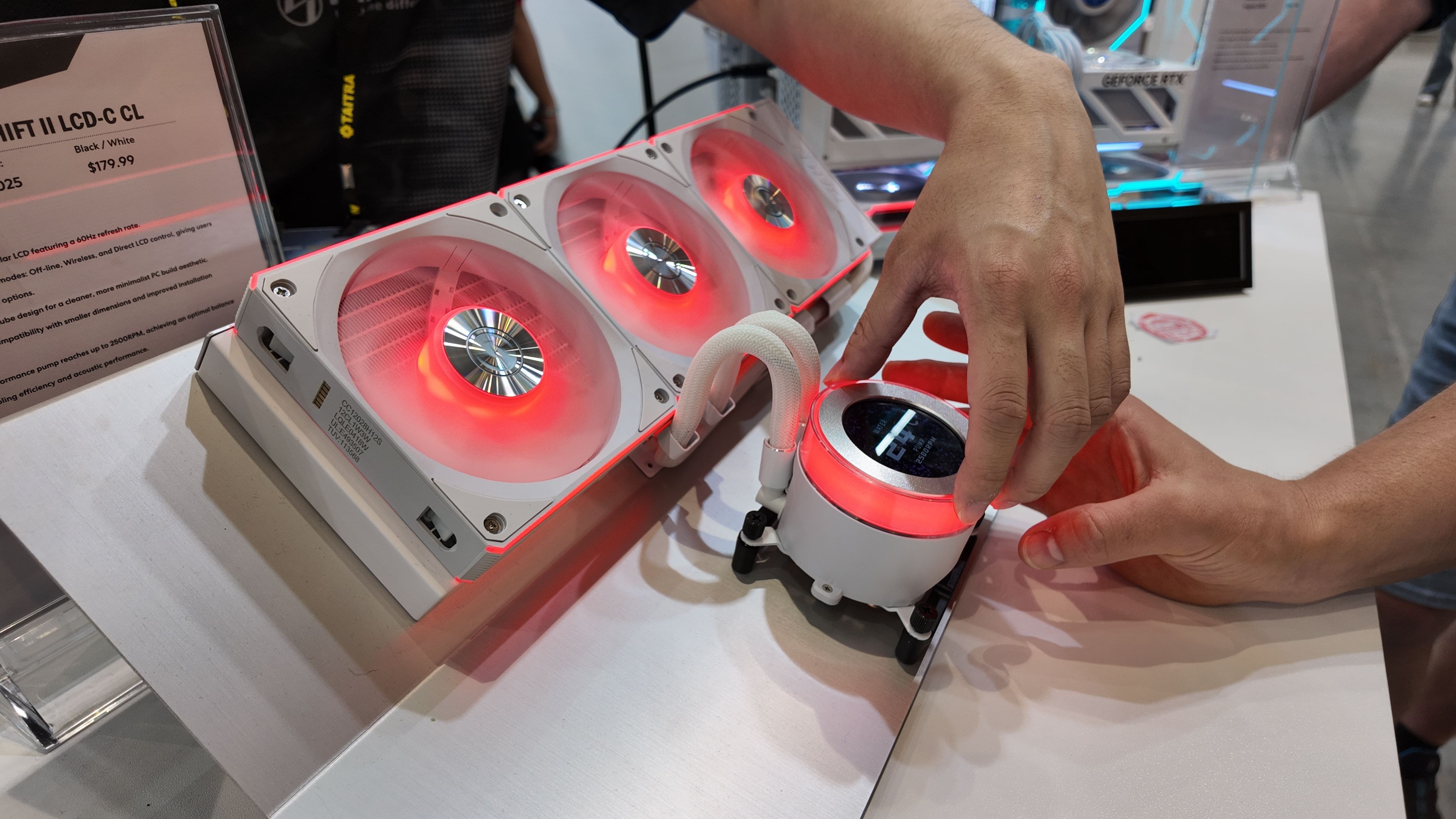 A photo of a Lian Li Hydroshift LCD-C LC AIO liquid CPU cooler, as displayed at Computex 2025