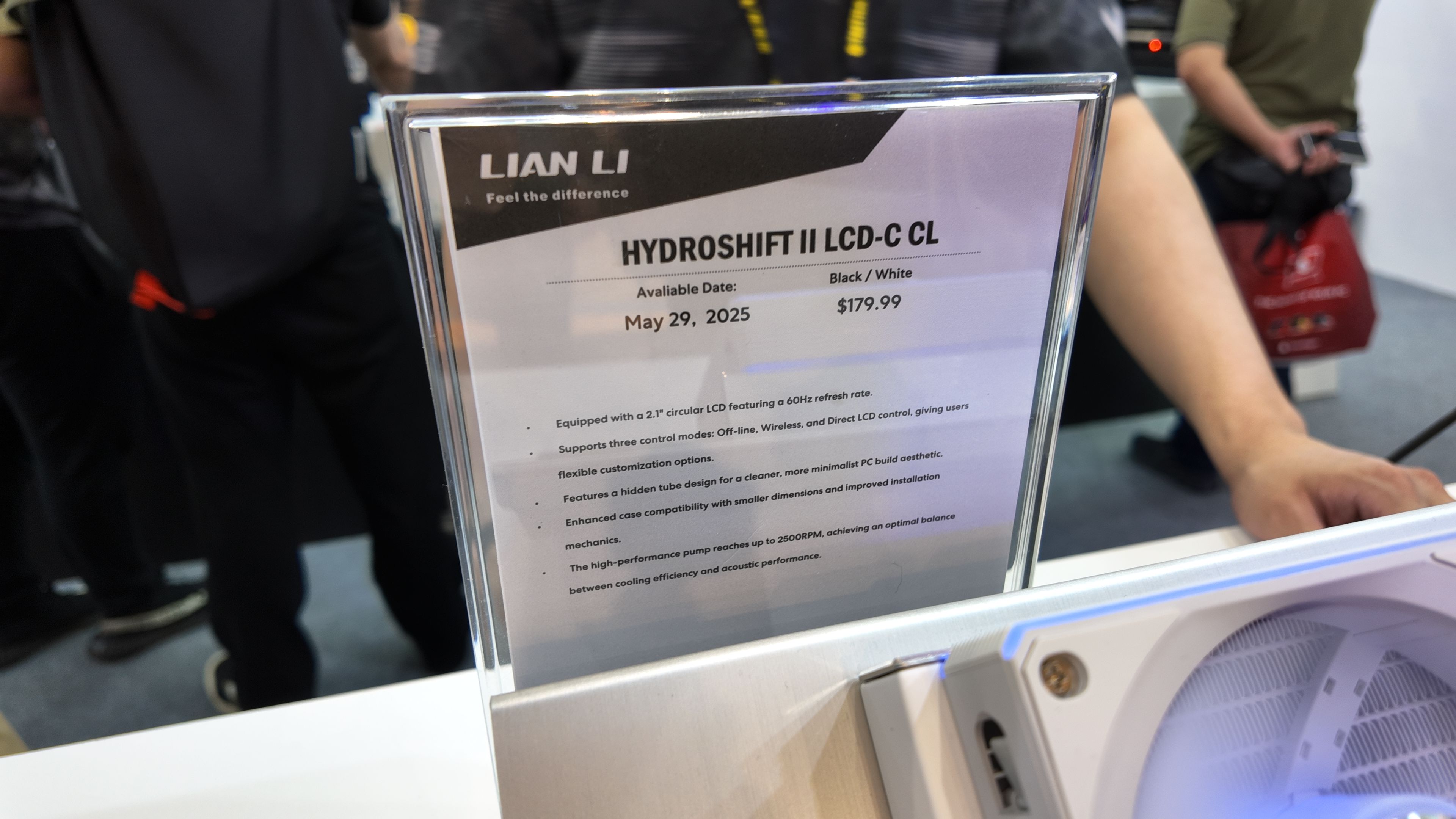 A photo of a Lian Li Hydroshift LCD-C LC AIO liquid CPU cooler, as displayed at Computex 2025