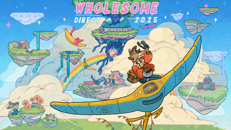 The Wholesome Games Direct logo art for its Summer 2025 showcase. The image is bright and colorful, with a cute elk-like creature piloting a plane over clouds, floating islands, and a rainbow.