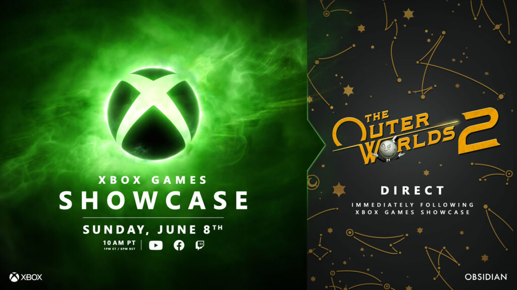The Xbox Games Showcase logo is on the left, and on the right is The Outer Worlds 2 logo advertising the upcoming Direct livestream.