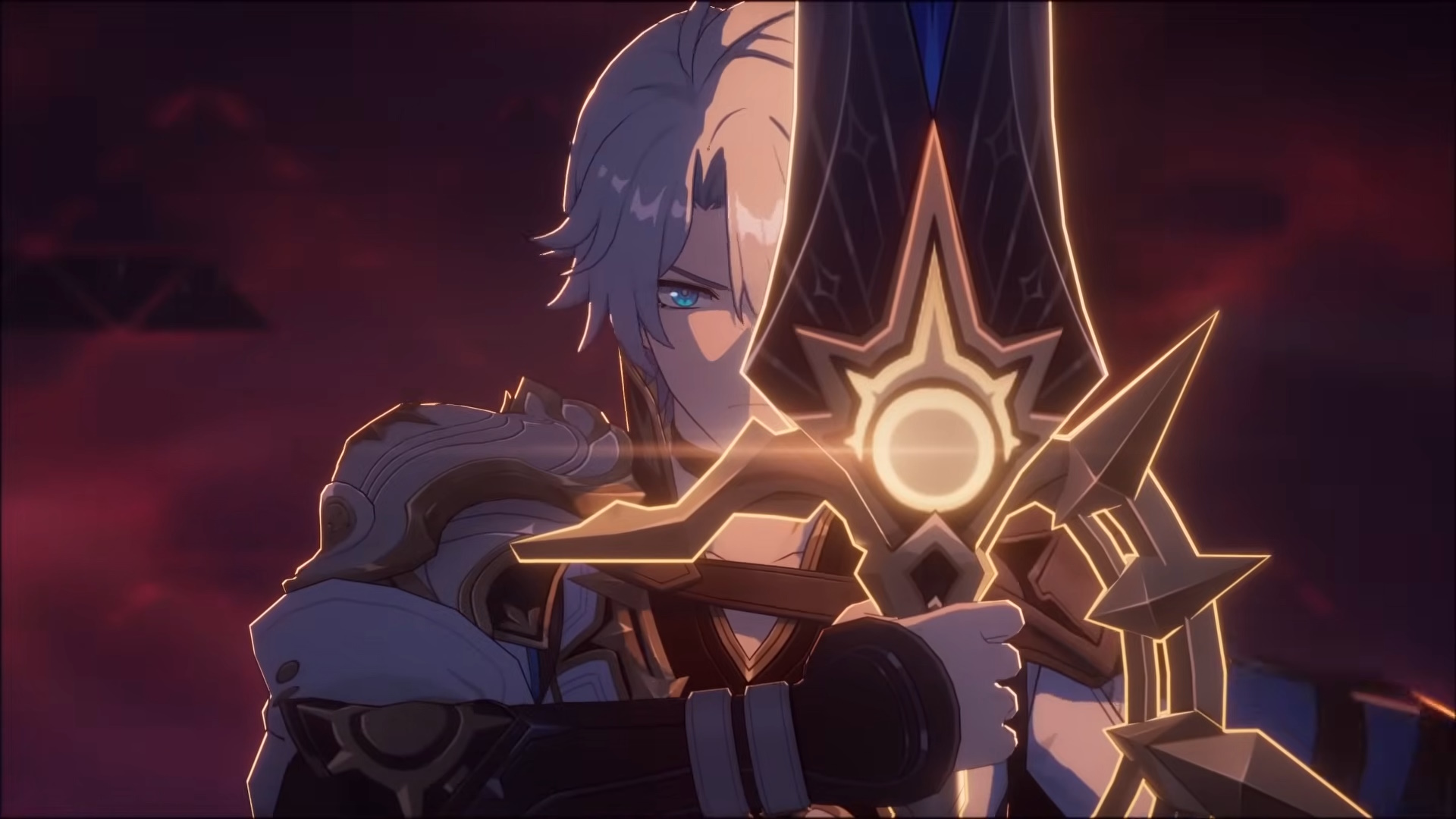 Phainon from Honkai: Star Rail holding his sword up in front of his face