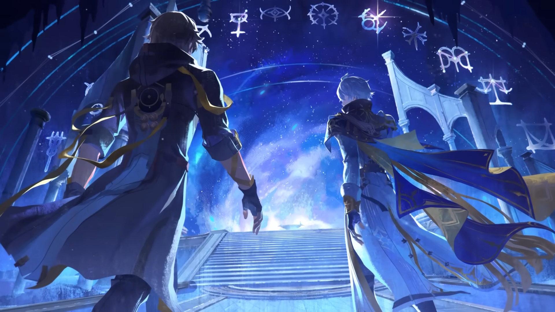 Stylised artwork of Phainon from Honkai: Star Rail and Caelus in Amphoreus