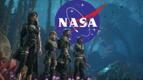 Lune, Maelle, Gustave, and Sciel — four major characters from Clair Obscur: Expedition 33 — superimposed in front of a NASA logo.