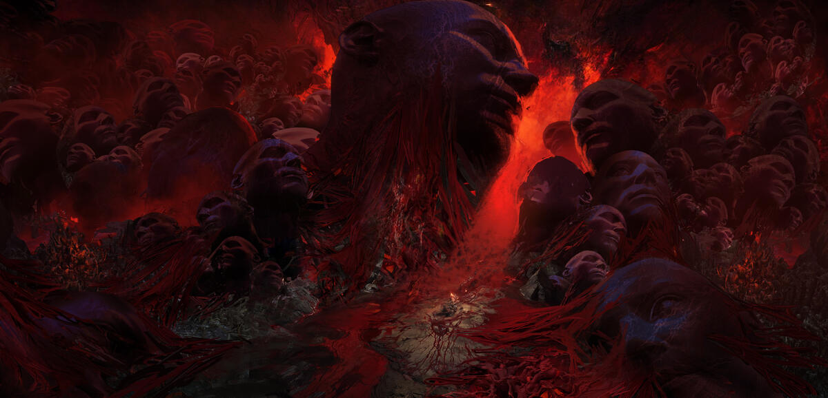 Concept art for the Diablo 4/Diablo Immortal limited-time crossover with Berserk, featuring a bloody landscape decorated with mountains resembling human faces. Concept art for the Diablo 4/Diablo Immortal limited-time crossover with Berserk, featuring a bloody landscape decorated with mountains resembling human faces.