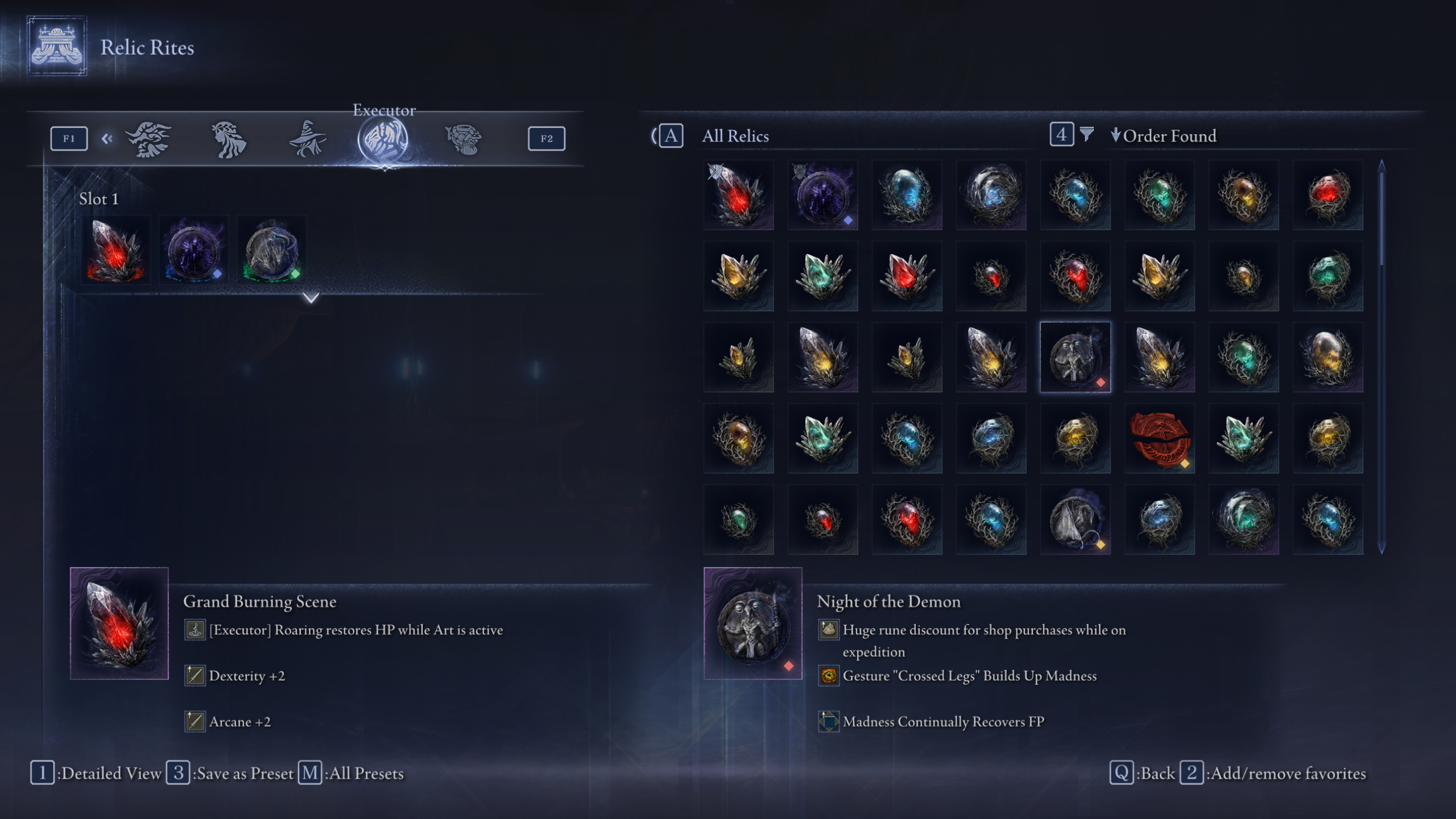 Elden Ring Nightreign how to emote: The Night of the Demon relic in the menu, which plays into madness builds.