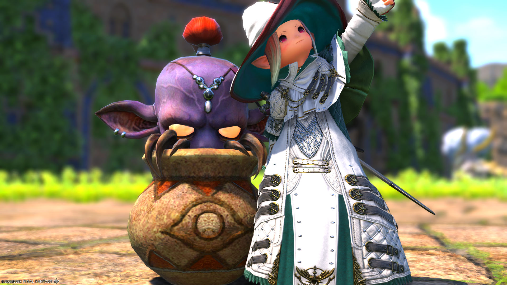 A Final Fantasy XIV screenshot showing a White Mage lalafel posing beside a pot creature. A Final Fantasy XIV screenshot showing a White Mage lalafel posing beside a pot creature.