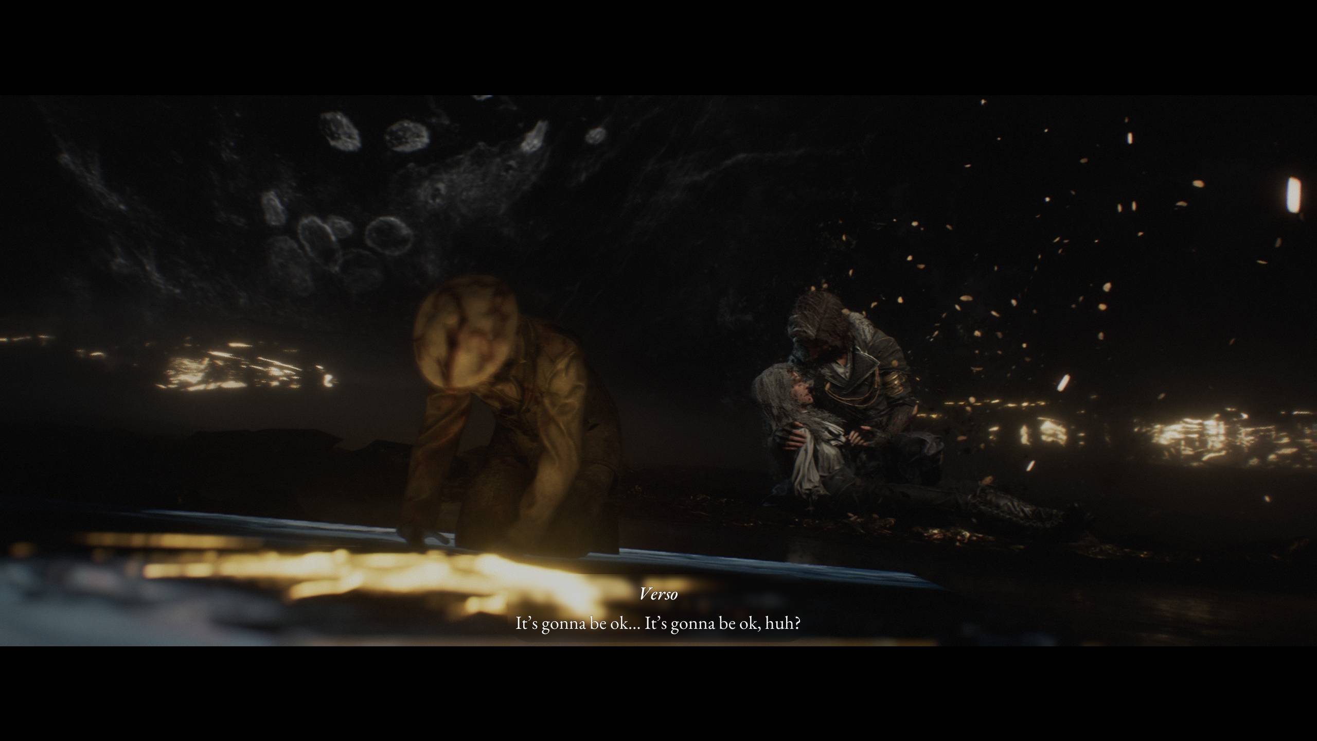 Maelle gommages in the arms of her brother Verso in Clair Obscur Expedition 33 ending