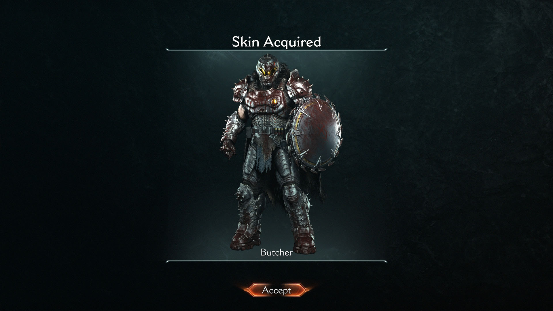 A screenshot showing the message “Skin Acquired” in Doom: The Dark Age. It also shows the picture of a steel-gray armor covered in blood for the Doom Slayer.