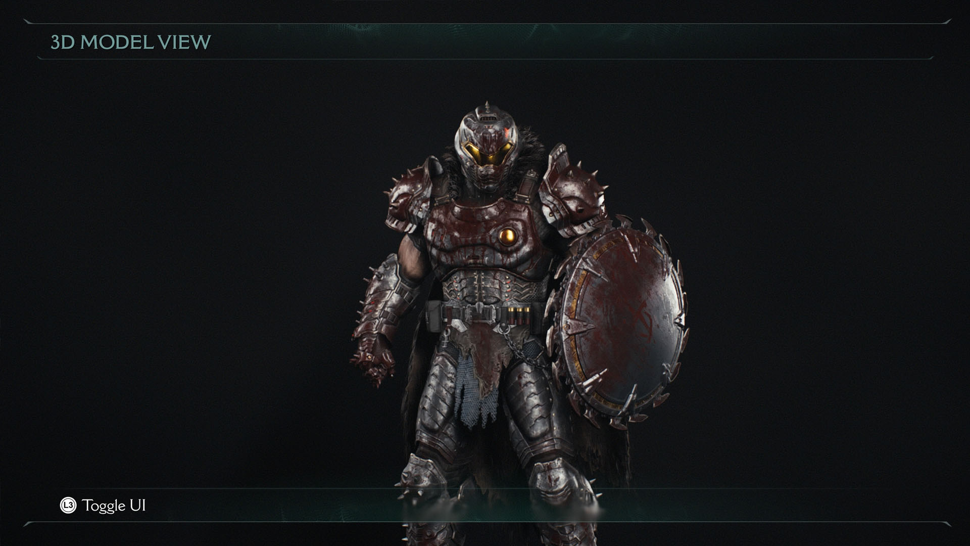 An image showing two-thirds of the Doom Slayer body while wearing the Butchet skin in Doom: The Dark Ages. It is a steel-gray colored armor. You can see blood covering the surface of many of the armor pieces.