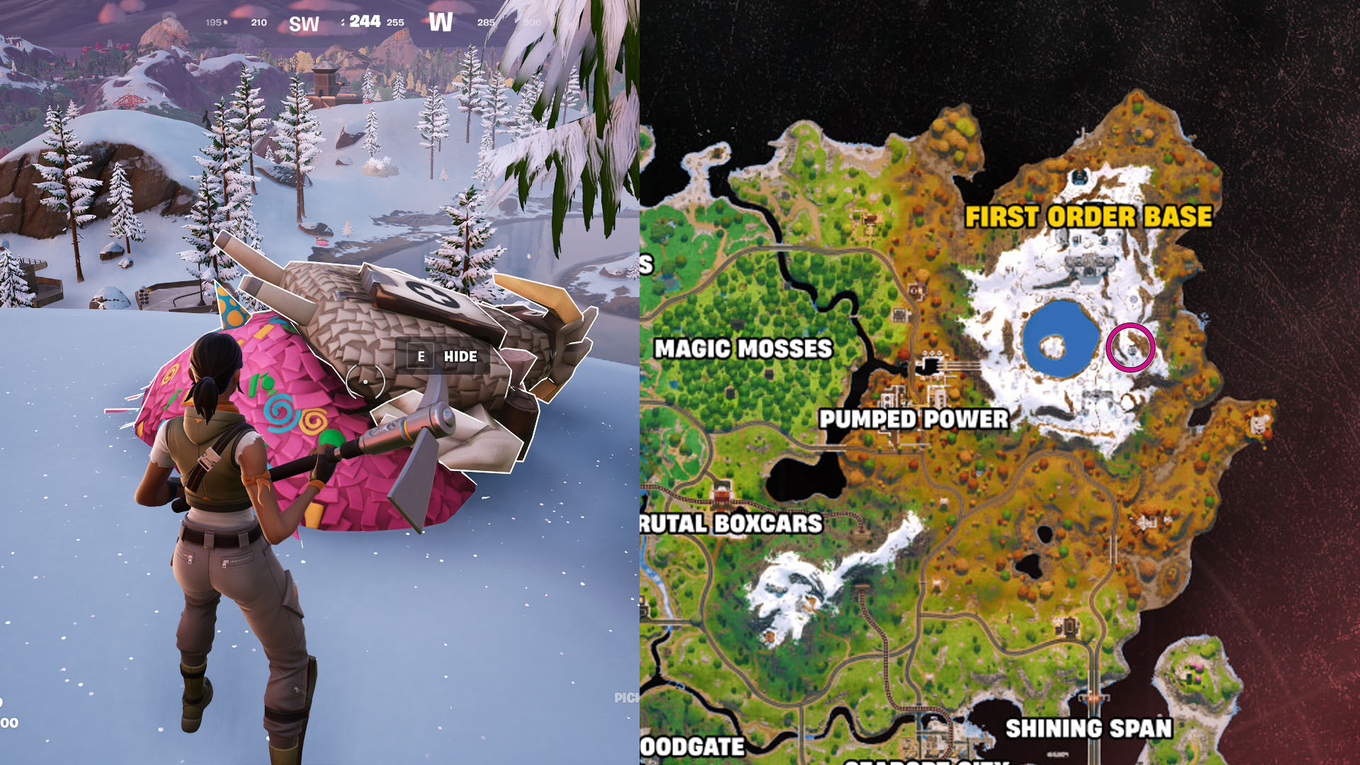 A montage of two Fortnite screenshots showing a map on the right side and a character facing a piñata on the left side. A montage of two Fortnite screenshots showing a map on the right side and a character facing a piñata on the left side.