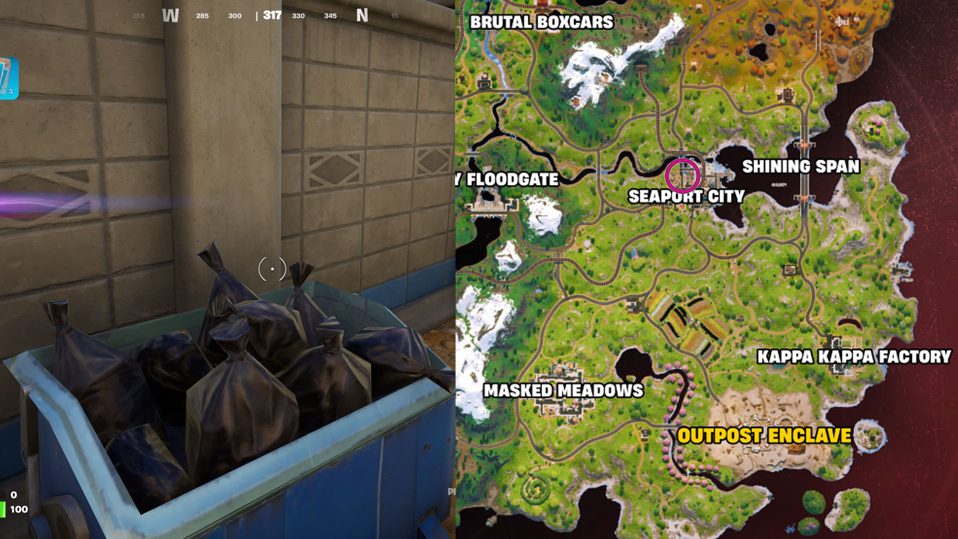A montage of two Fortnite screenshots showing a map on the right side and a dumpster, which is a hiding spot, on the left side. A montage of two Fortnite screenshots showing a map on the right side and a dumpster, which is a hiding spot, on the left side.